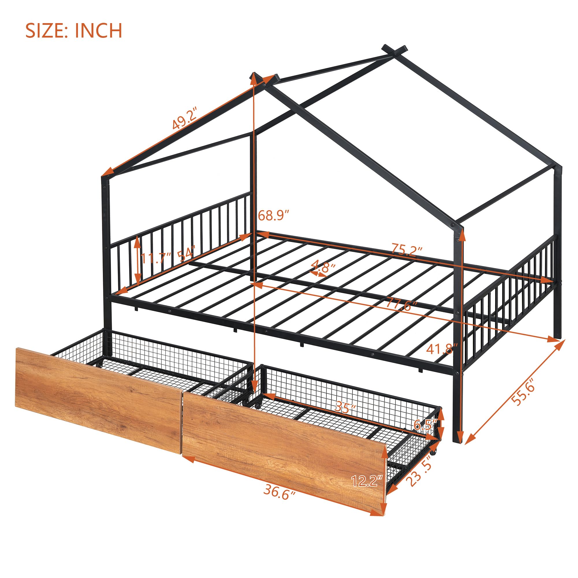 ROISDIYI Full House Bed with Two Drawers,Twin Floor Bed for Kids Twin Size Montessori Bed Frame with Support Slats, Kids Full Playhouse Beds for Boys Girls (Black with 2 Storage Box, Full)