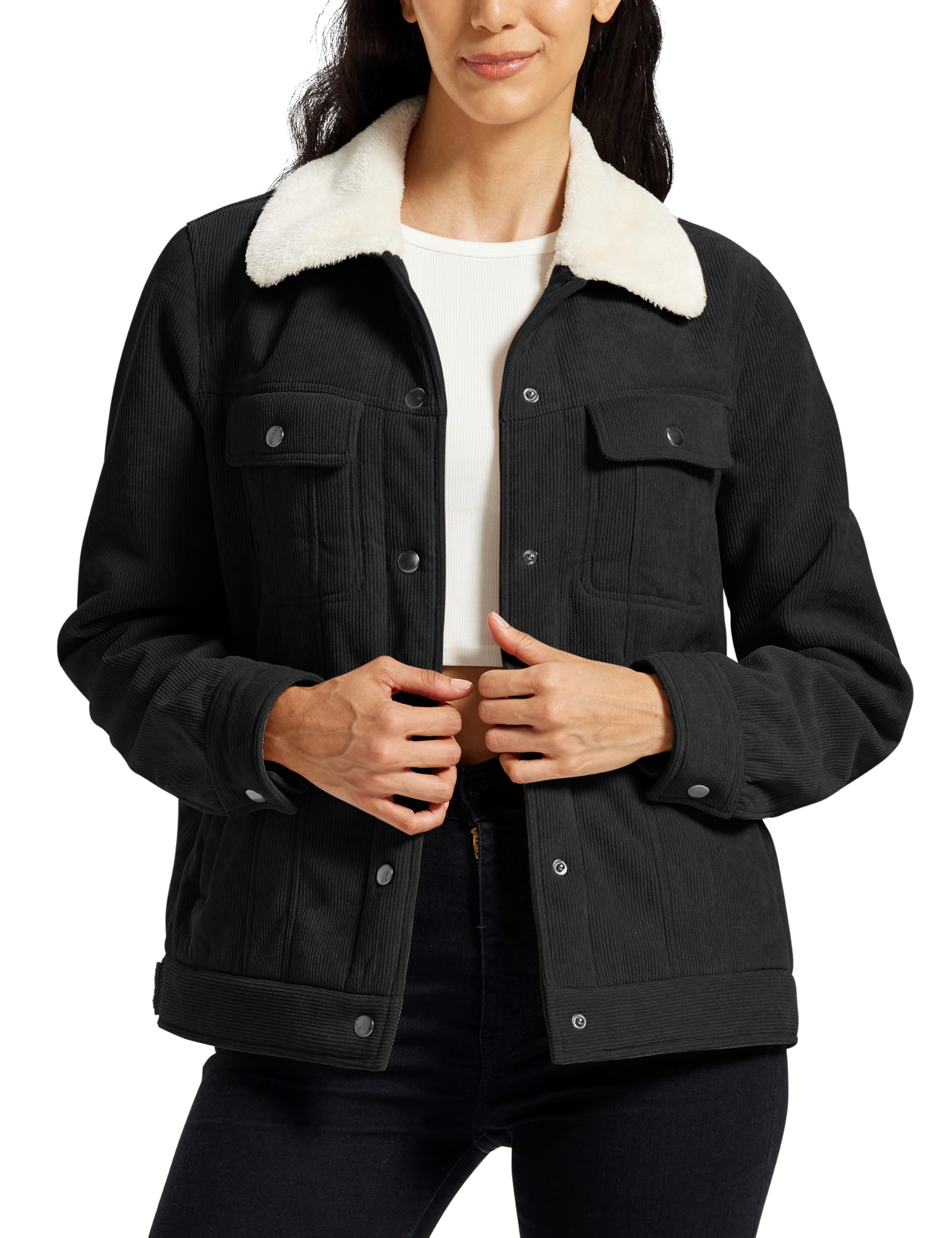 MoFiz Damen Fleecejacke Sherpa Gefüttert Winterjacke Warmer Damenjacke Mode Cordjacke Freizeitjacke mit Knopfverschluss Taschen