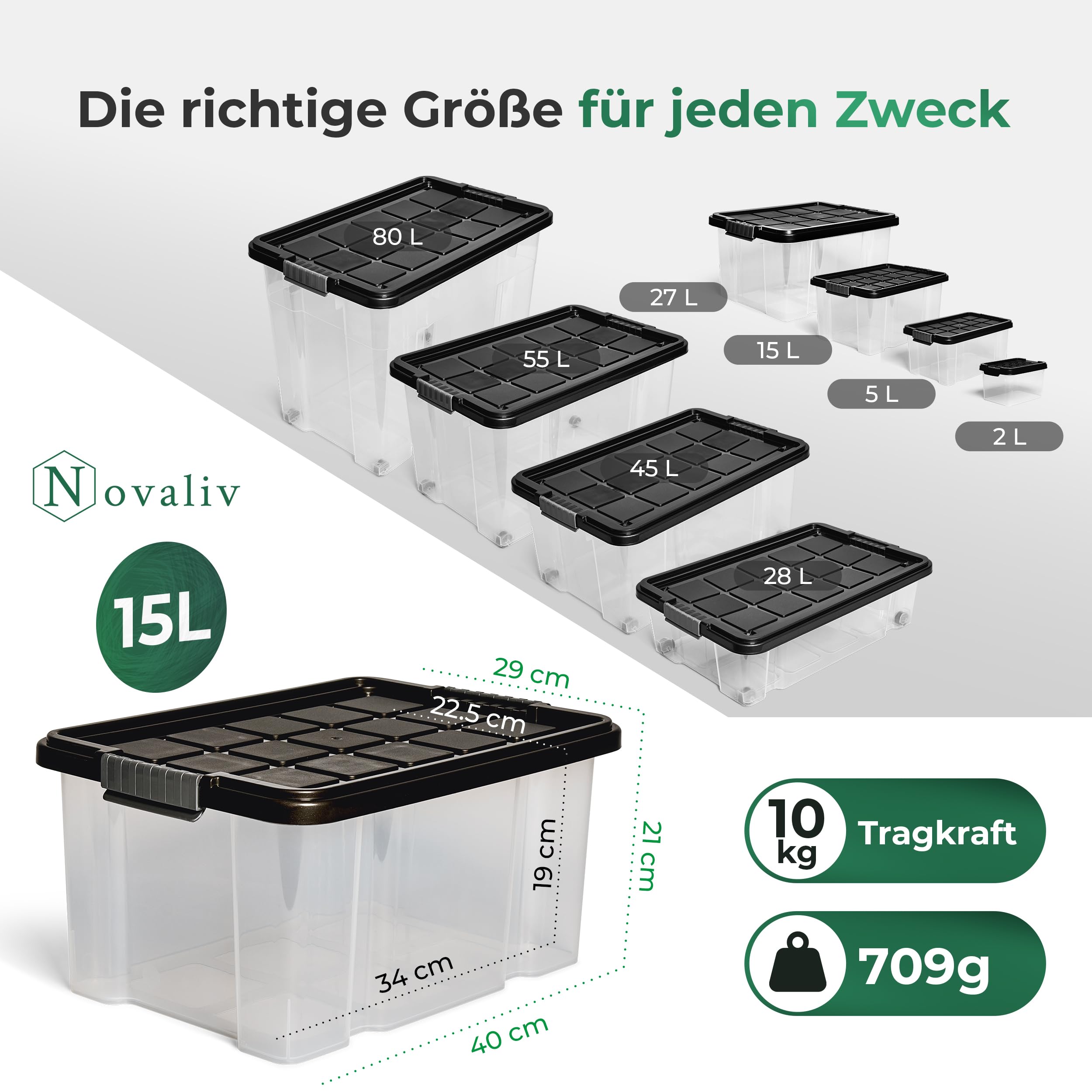 Novaliv 12 scatole portaoggetti con coperchio, 15 l, colore antracite, impilabili, con chiusura a clip, in plastica, senza BPA, 41 x 29 x 20 cm