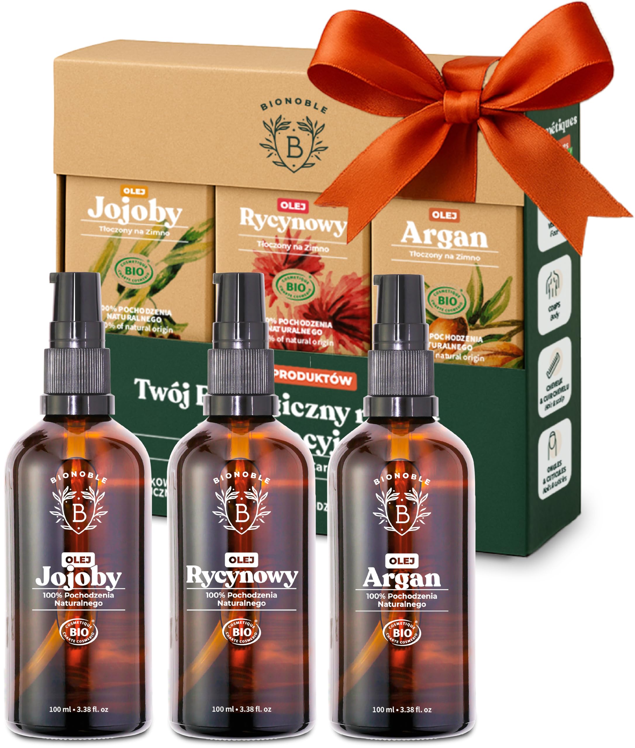 BIONOBLE Olej Rycynowy, Arganowy, Jojoba do Pielęgnacji Skóry - 3x100 ml | 100% Naturalnego Pochodzenia, Tłoczone na Zimno - Twarz, Włosy, Ciało - Prezent dla Kobiet, Skincare Set - Szklane Butelki
