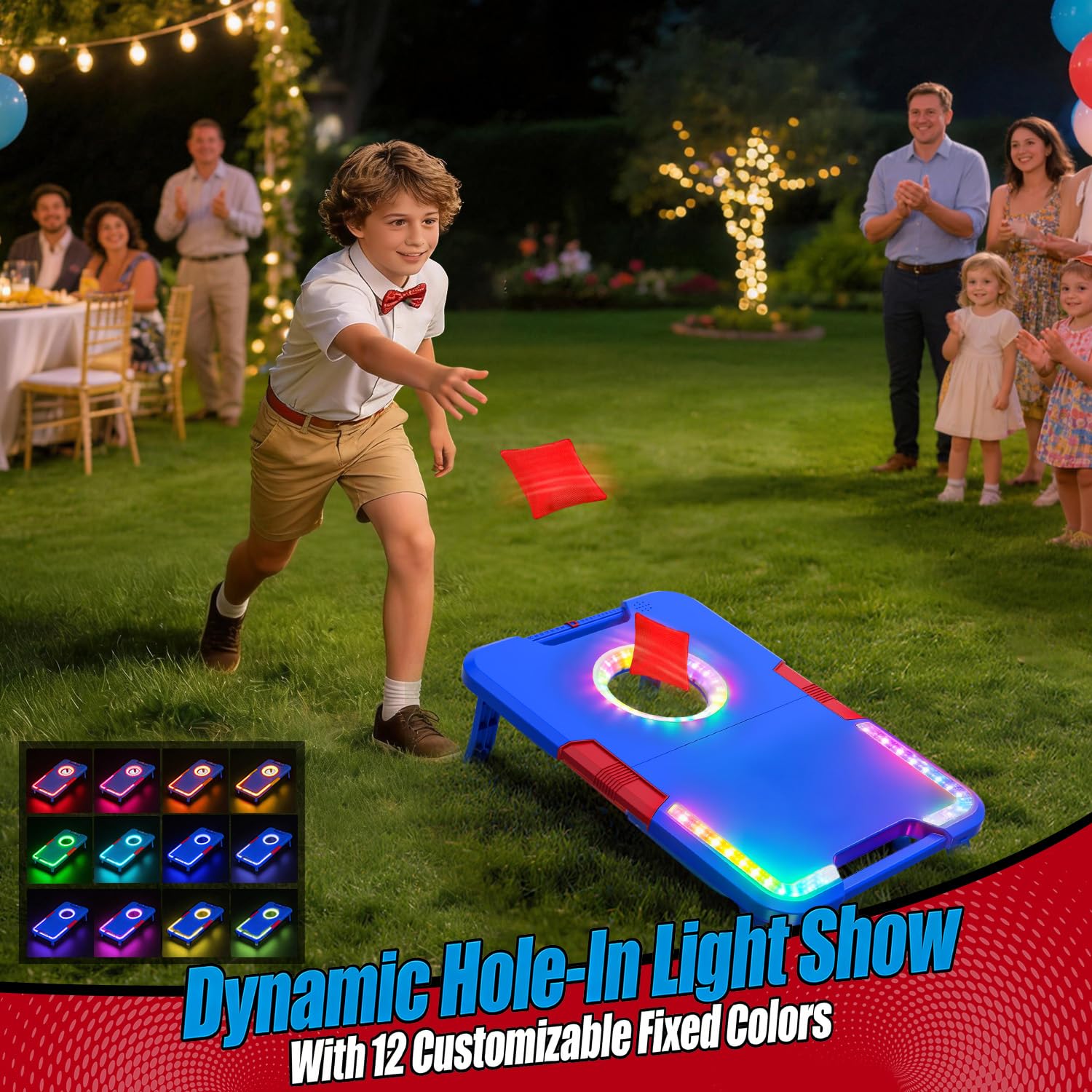 Jeu de Cornhole Illuminé avec Effets Sonores, 2 Planches Pliables & 8 Sacs de Fèves, Jeu de Lancer Portatif pour Extérieur,Jouets pour Fêtes dans la Cour & Camping,Cadeau pour Enfants et Famille,6-12+