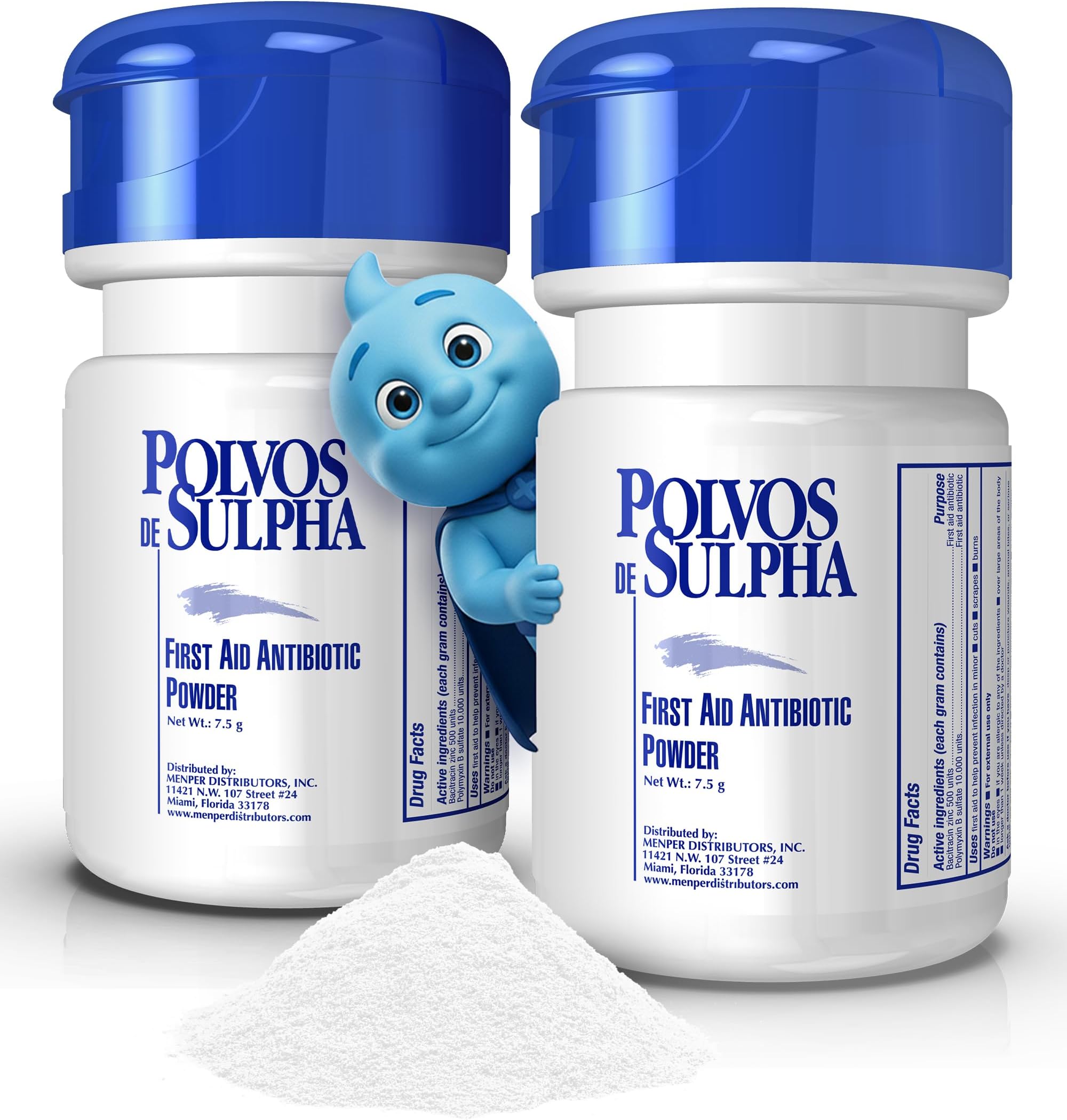 POLVOS DE SULPHA MENPER Antibiotic Powder with Bacitracin, First Aid Pain Relief, Healing Wound Seal Powder, Essential Wound Care Medicine for Travel, Effective Healing and Protection, 7.5g, 2-Pack