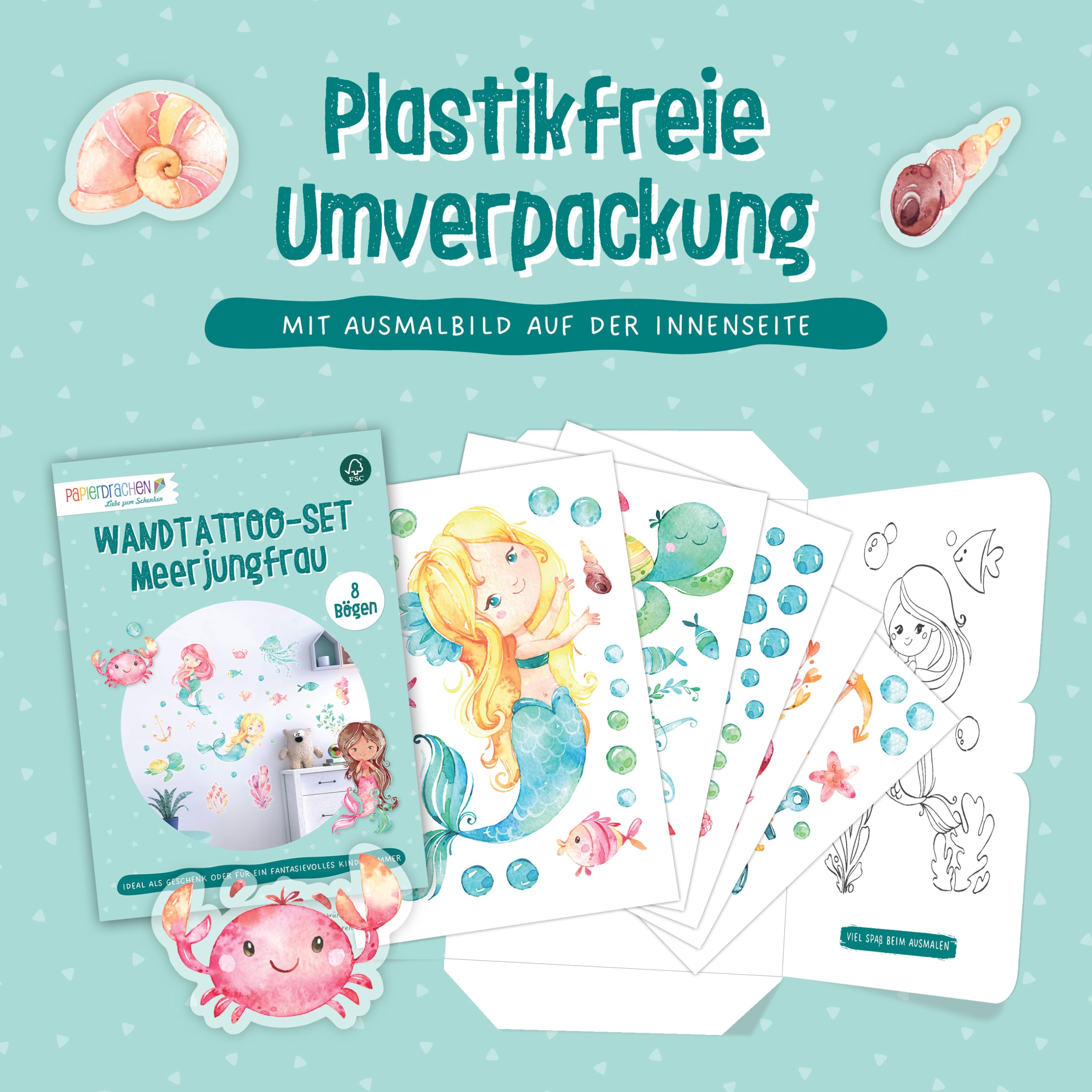 Papierdrachen Wall Tattoos, 8 Sheets with Wall Stickers for Children, Nursery Room Decoration, Mermaid, 22 x 30 cm per Sheet - Image 3