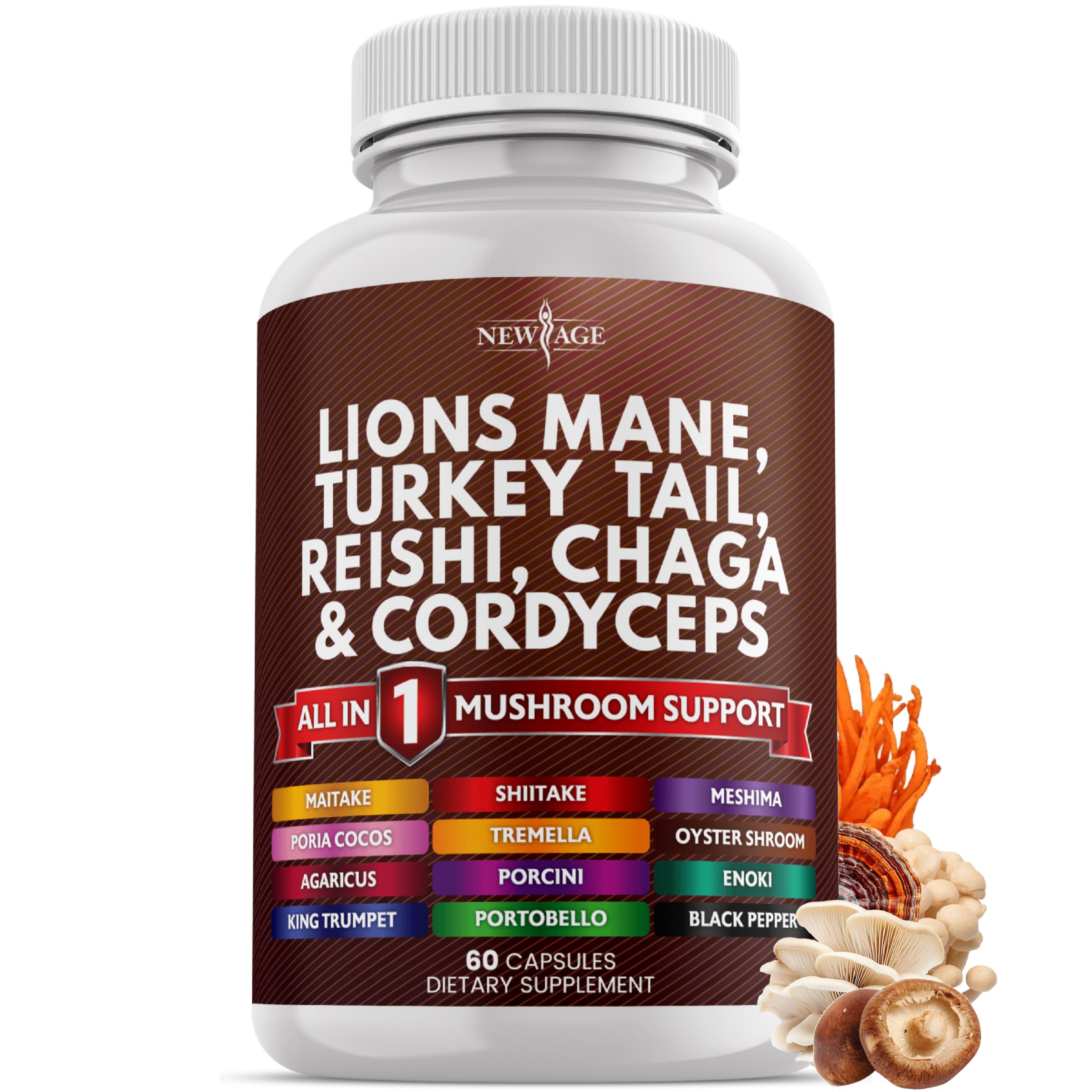 Lions Mane Mushroom Supplement with Turkey Tail Reishi Cordyceps Chaga with Marshmallow Root