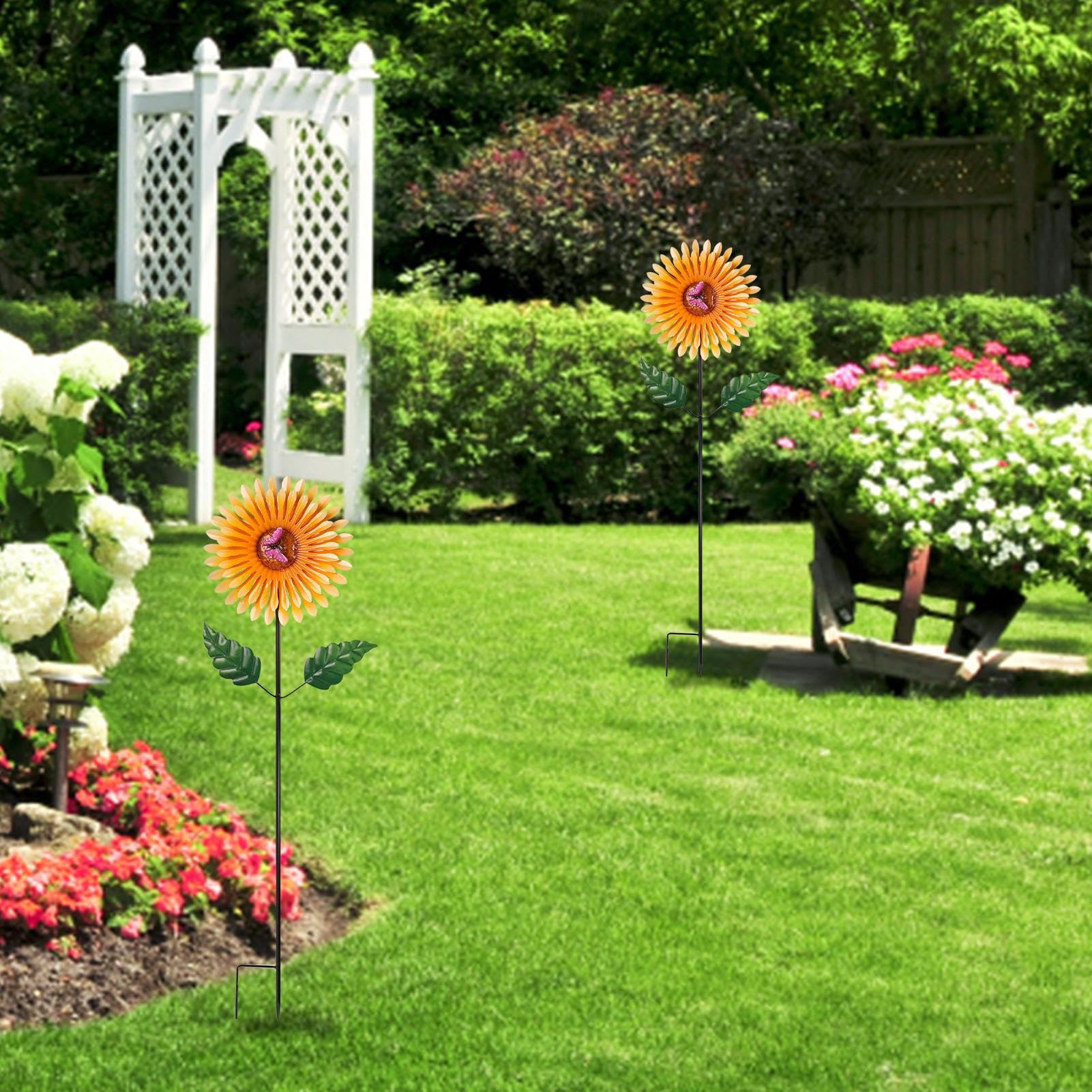 Molino de viento de girasol, molinillo de viento de girasol, molinillo de planta de flor con estaca de mariposa al aire libre, molinillo de viento de metal para jardín, balcón, patio, jardín y | Estacas decorativas para jardín, cartel giratorio de giras