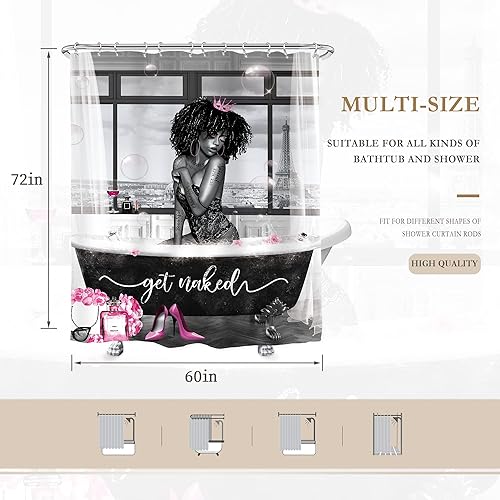 Miniatura 4 de Glawry Cortina de ducha con texto en inglés Get Naked Afro Lady, Get Naked Afroamericana, Afroamericana, romántica escritura, color rosa, tacones