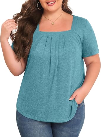 TIANZHU Plus Size Tops for Women Summer Shirts Short Sleeve Tunics Casual Square Neck Blouses 2024