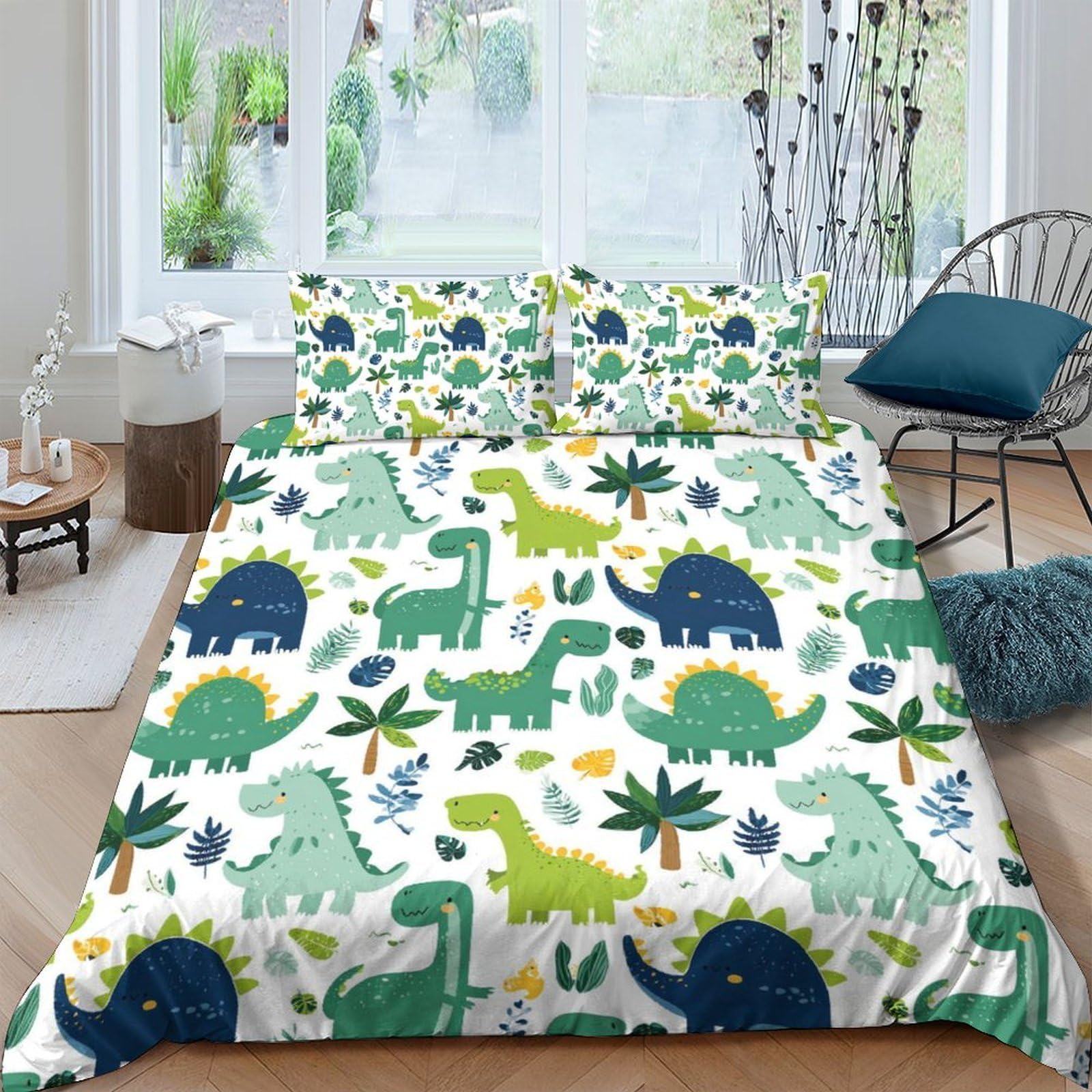 Ctjqhvkz Style-3 3D Printed Green Dinosaur Fitted Sheet Microfiber Soft Blue Cartoon Mattress Cover For Bedroom Dorm Easy Care Single（135X200cm）