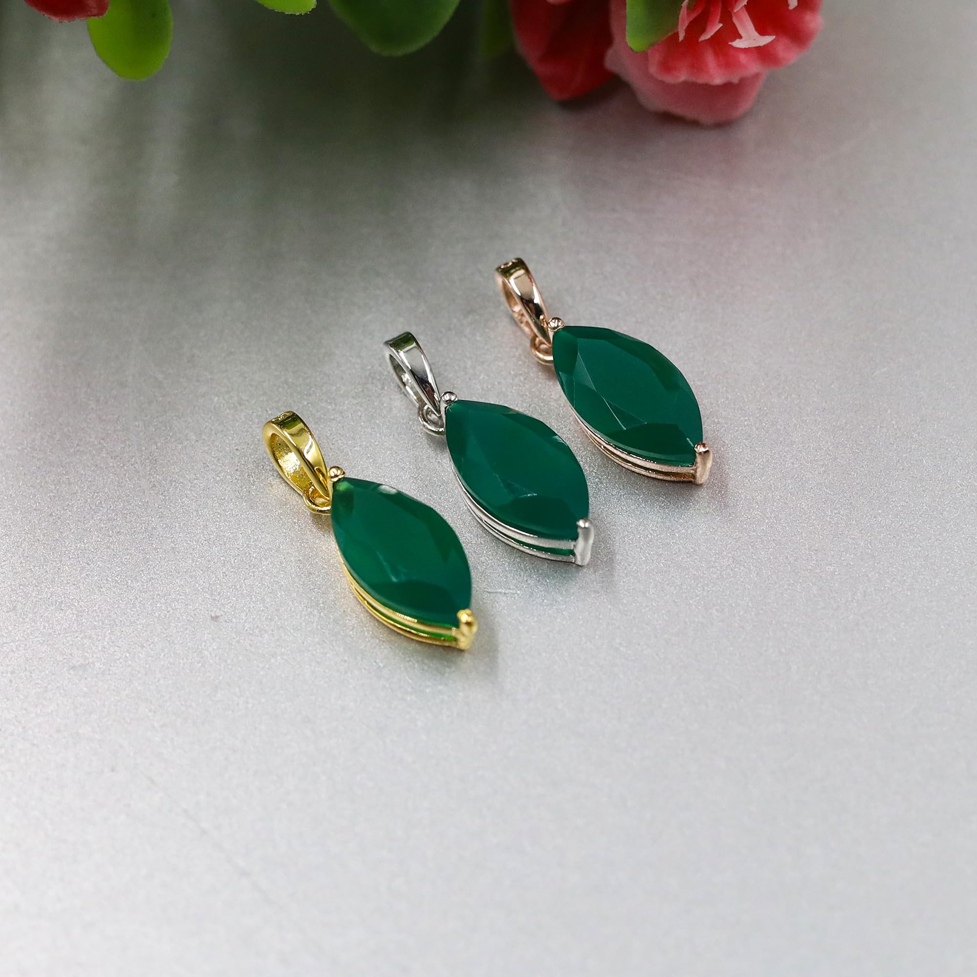 Pendentif en onyx vert et quartz rose pour femme – Bijou fait main en argent sterling 925, collier à breloques de luxe