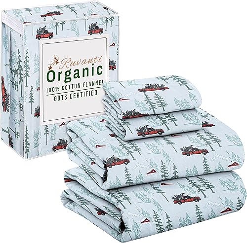 RUVANTI Sábanas de franela tamaño Queen Certificado GOTS 100% algodón orgánico, juego de 4 piezas cálidas, suaves y transpirables, bolsillo