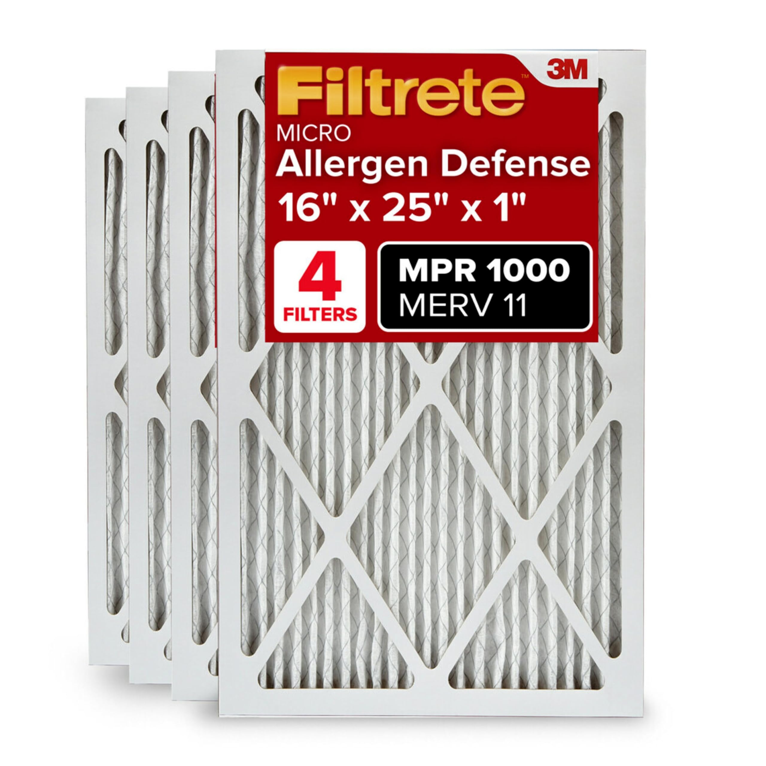 filtrete 16x25x1 ac furnace air filter merv 11 mpr 1000 micro allergen defense 3-month pleated 1-inch electrostatic air cleaning filter 4 pack actual size 1569 x 2469 x 081 in