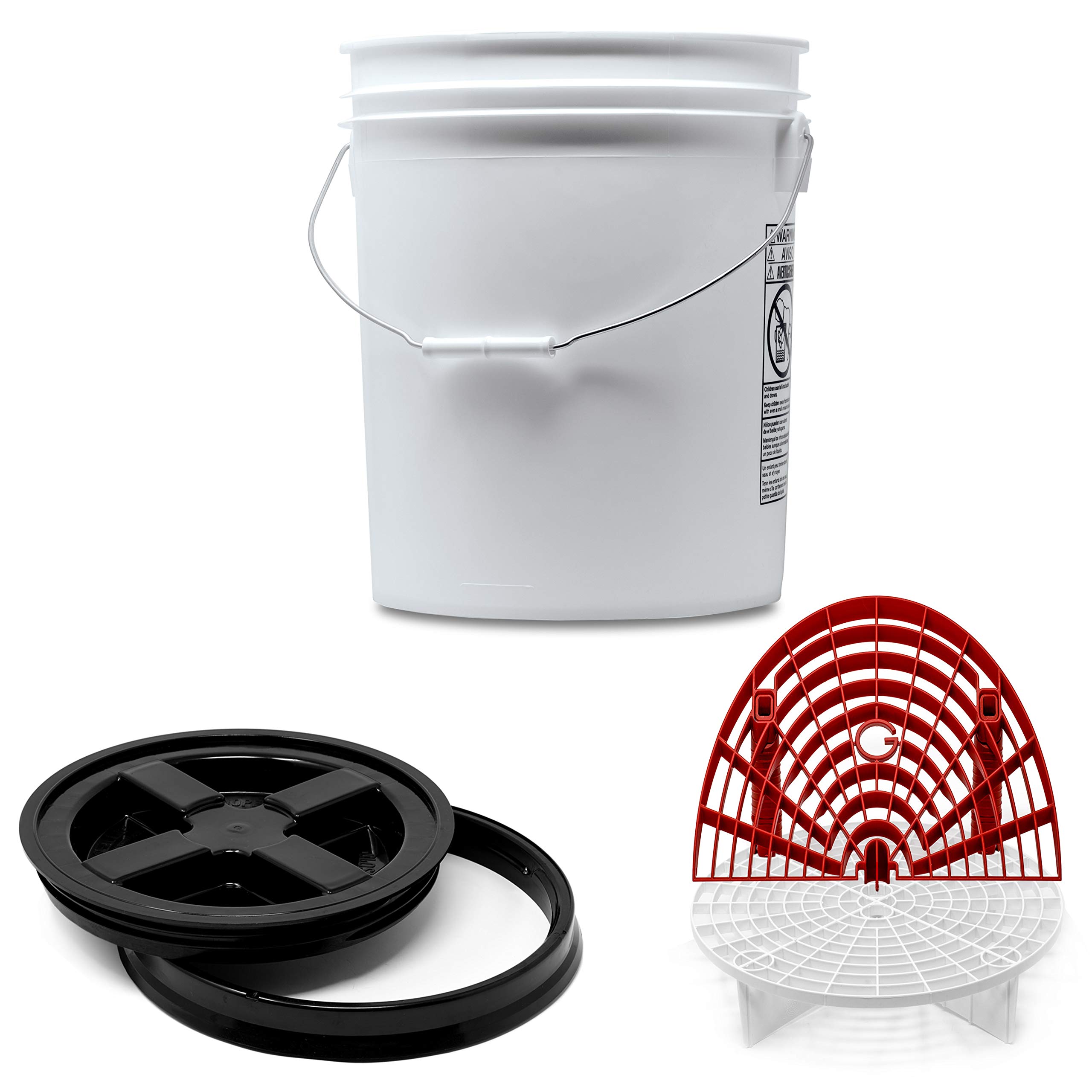 Detailmate professionelles Wasch Eimer Set: Magic Bucket Wascheimer 5 GAL (ca. 20 Liter), Gamma Seal Eimerdeckel schwarz, GritGuard Schmutz Einsatz weiß, GritGuard Washboard rot