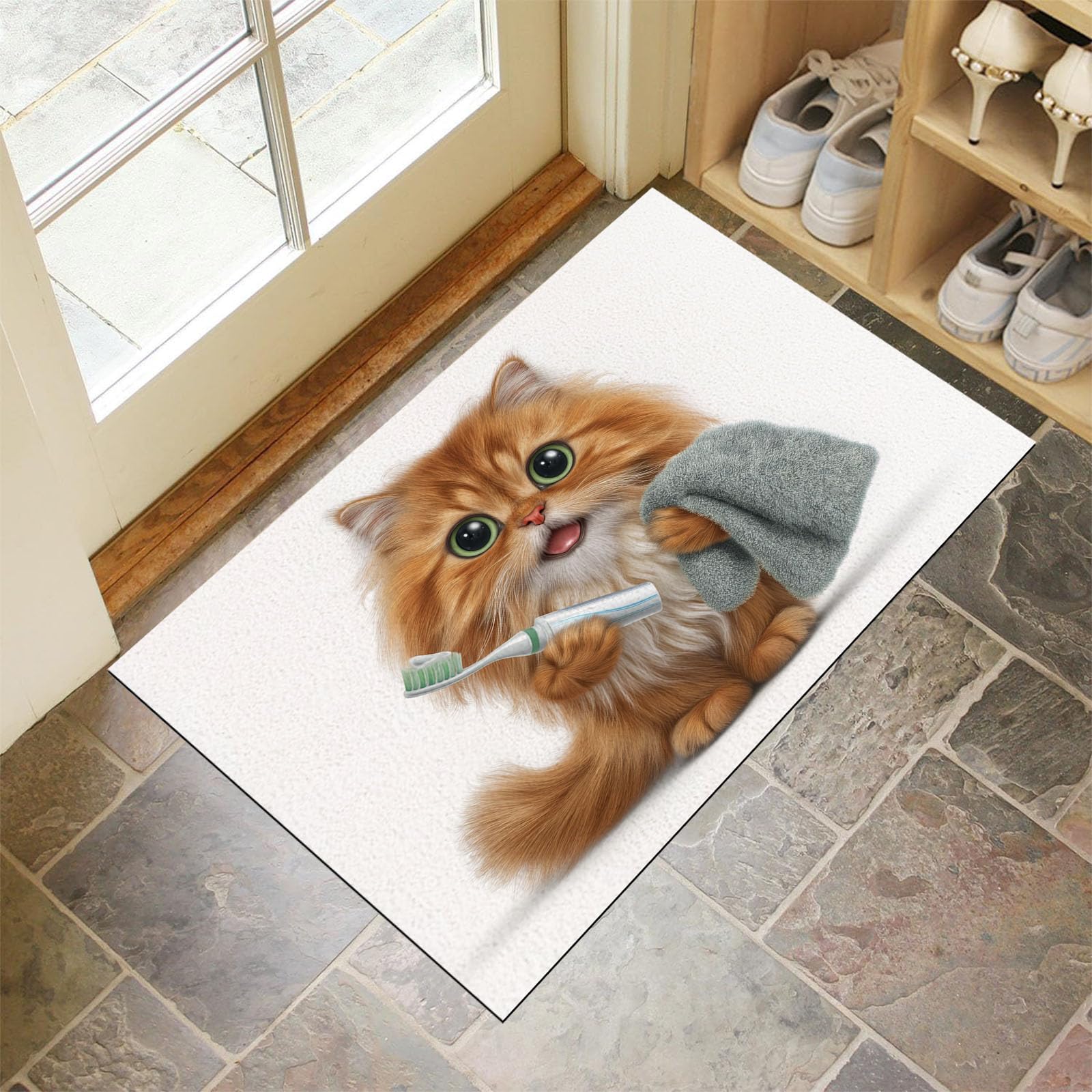 Tapis d'entrée intérieur orange avec chat mignon 90x150 cm