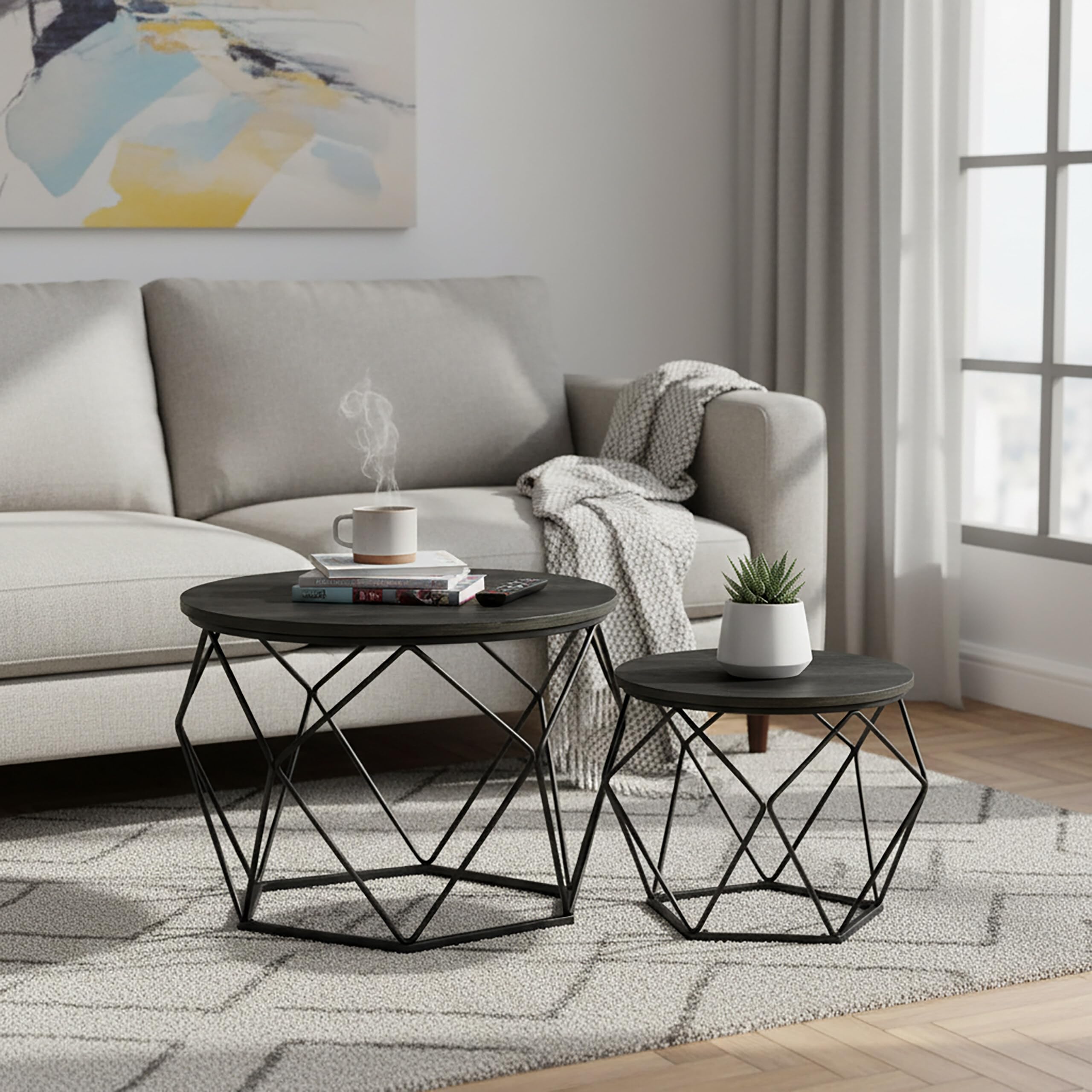 Relaxdays Set de 2 mesas auxiliares Redondas de Madera y Metal, Estilo Vintage, 50x40x40 cm, Negro