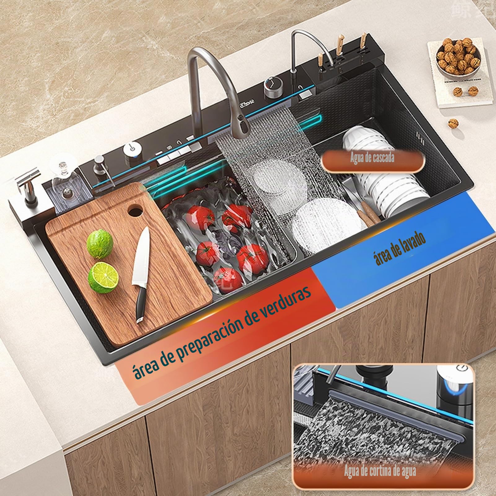 Fregadero de Cocina de 100 x 50 cm con Dos cascadas y Pistola pulverizadora de Alta presión, Fregadero de Cocina con Pantalla Digital, Fregadero de Acero Inoxidable con Caja portac