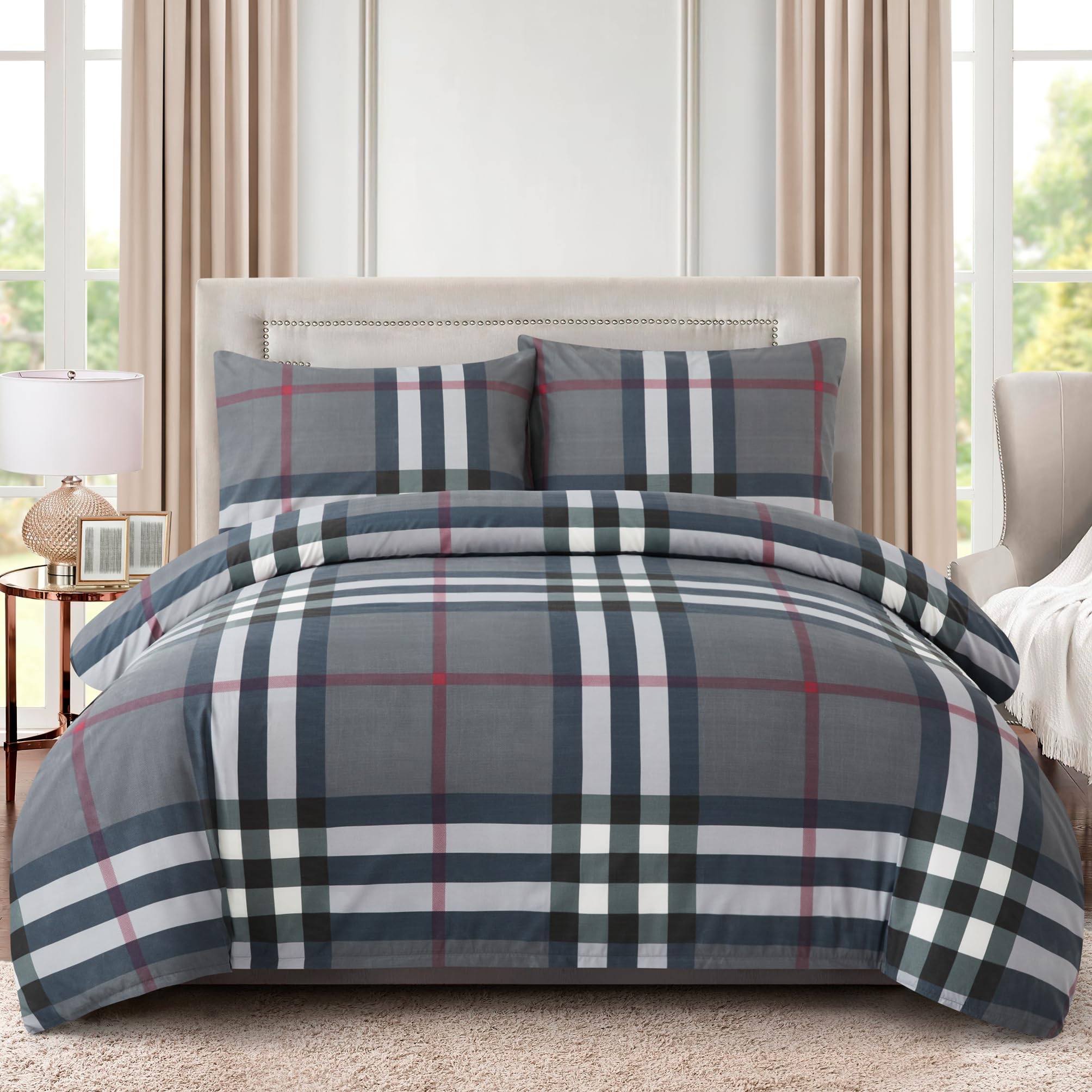 Marina Decoration Ultra Soft Silky Zipper Rich Printed Rayon Derived from Bamboo All Season 3 Pieces Duvet Cover Set with 2 Pillowcases, Modern Grey Tartan Pattern Double/Full Size