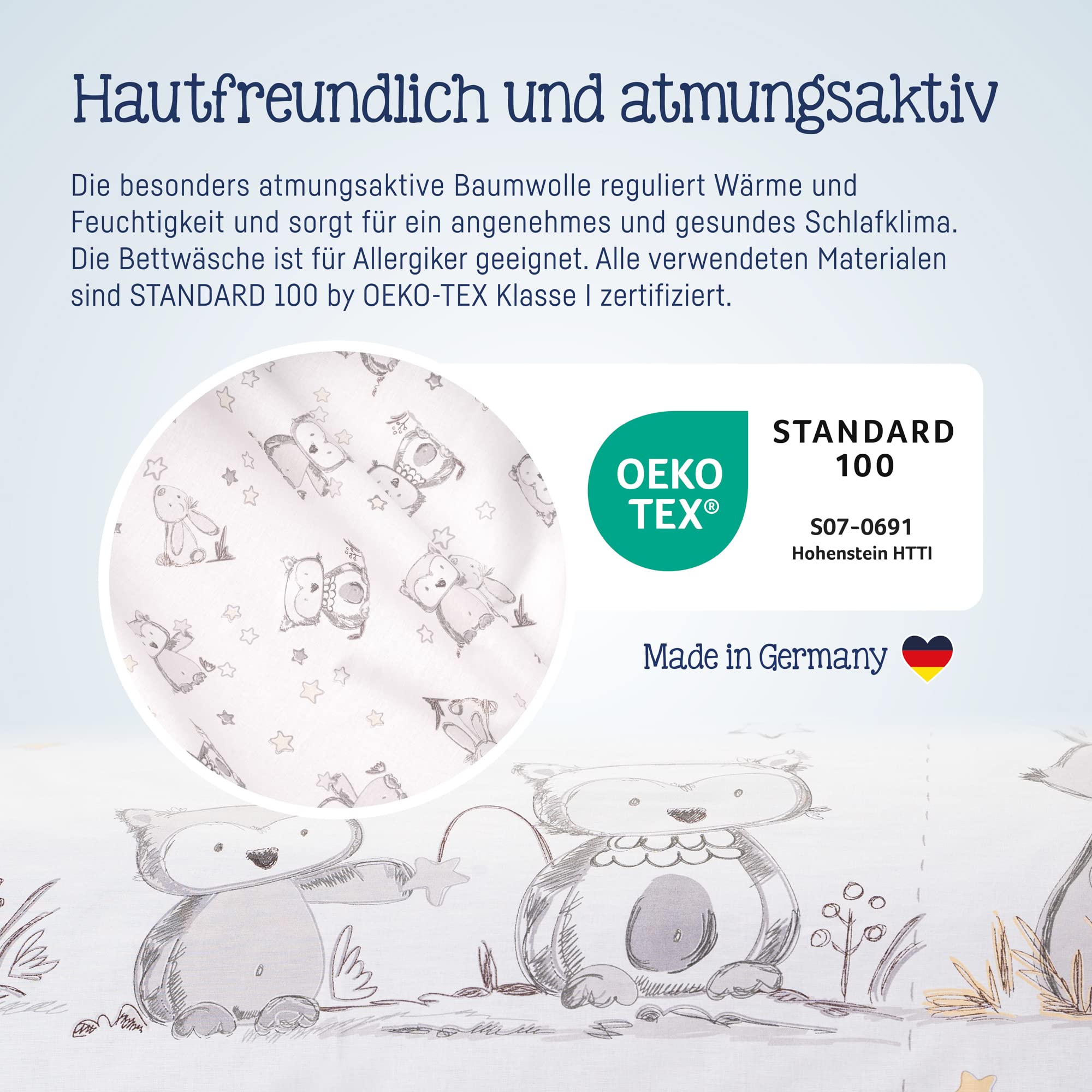 Julius Zöllner Kinderbettwäsche 100% Baumwolle, Standard 100 by OEKO-TEX, made in Germany, Gr. 100x135 + 40x60 cm, Häschen und Eule