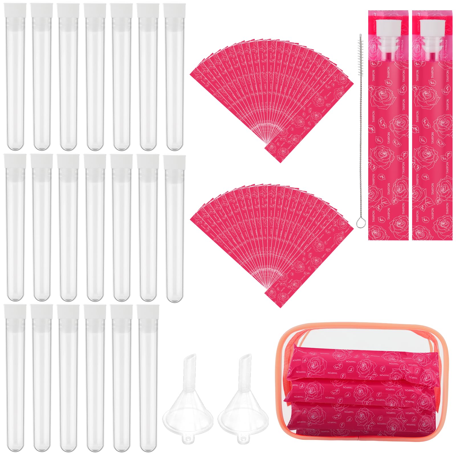 Tampon Flask Set 64 Pcs Secret Flask Kit Includes 20 Plastic Tube Hidden Flasks, 40 Reusable Tampon Wrappers, 2 Funnels, Clear Storage Bag, Disguised Containers for Cruise Event Concert Outdoor Sports