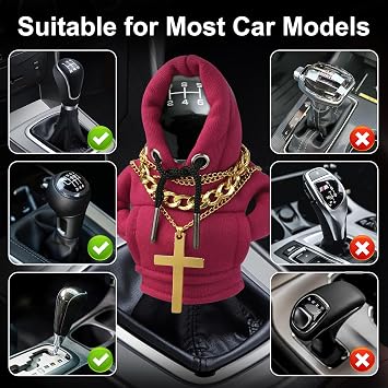 BATHRINS 3 Pcs Gear Stick Hoodie with Cross Chain/Necklace | Shift Knob Hoodie for Car, Gear Stick Cover, Universal Car Decorations, Auto Interior Accessories for Most Vehicles (Red)