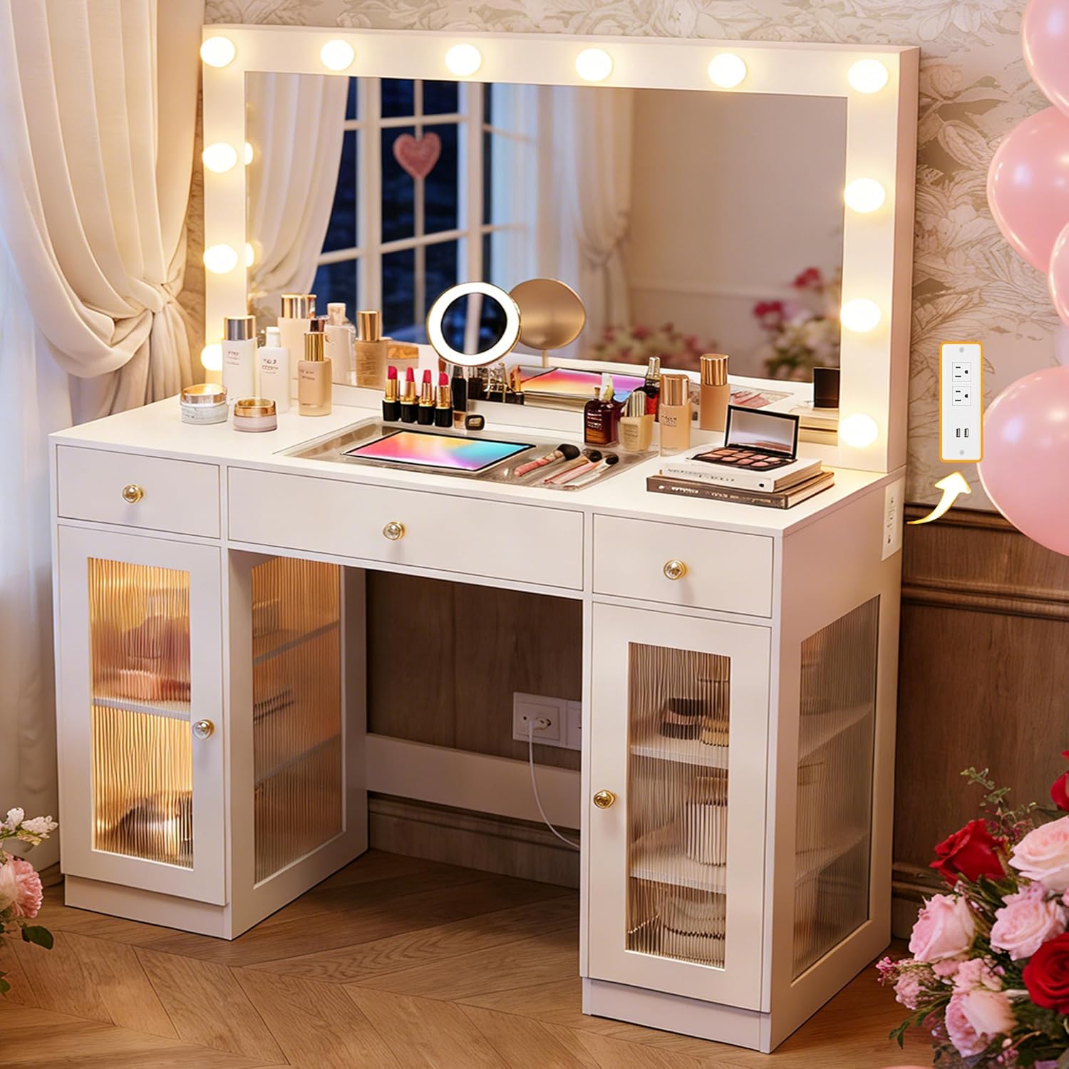 Vanity Desk with Mirror and Lights,White Vanity with Glass Top,Power Outlet,3 Drawers & 2 Acrylic Cabinets,3 Light Modes & Adjustable brightness,Dressing Table for Women & Girls (Elegant White)