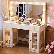 Makeup Vanity Desk with Mirror and Lights,White Vanity with Glass Top,Power Outlet,3 Drawers & 2 Acrylic Cabinets,3 Light Modes & Adjustable brightness,Dressing Table for Women & Girls (Elegant White)