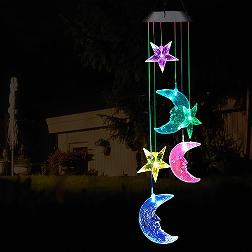 Miniatura 7 de Campanillas de viento LED con estrellas y luna de energía solar, decoración al aire libre, campanillas de viento móviles impermeables que cambian de