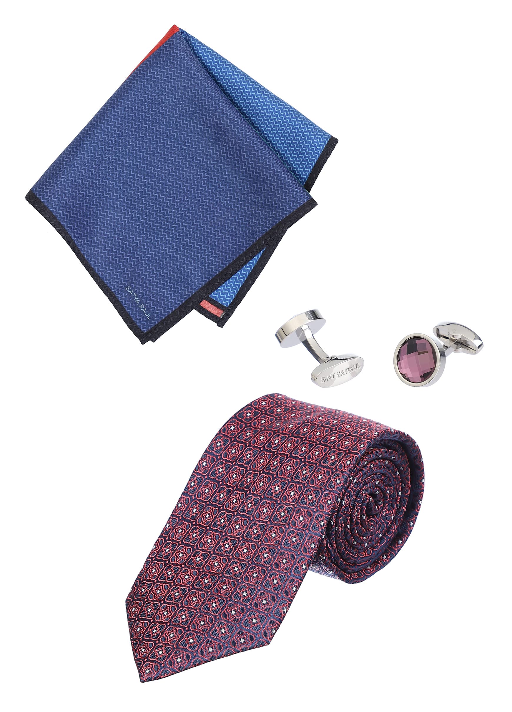 Satya PaulRed Silk Tie Pocket Square Metal Cufflink Set for Men