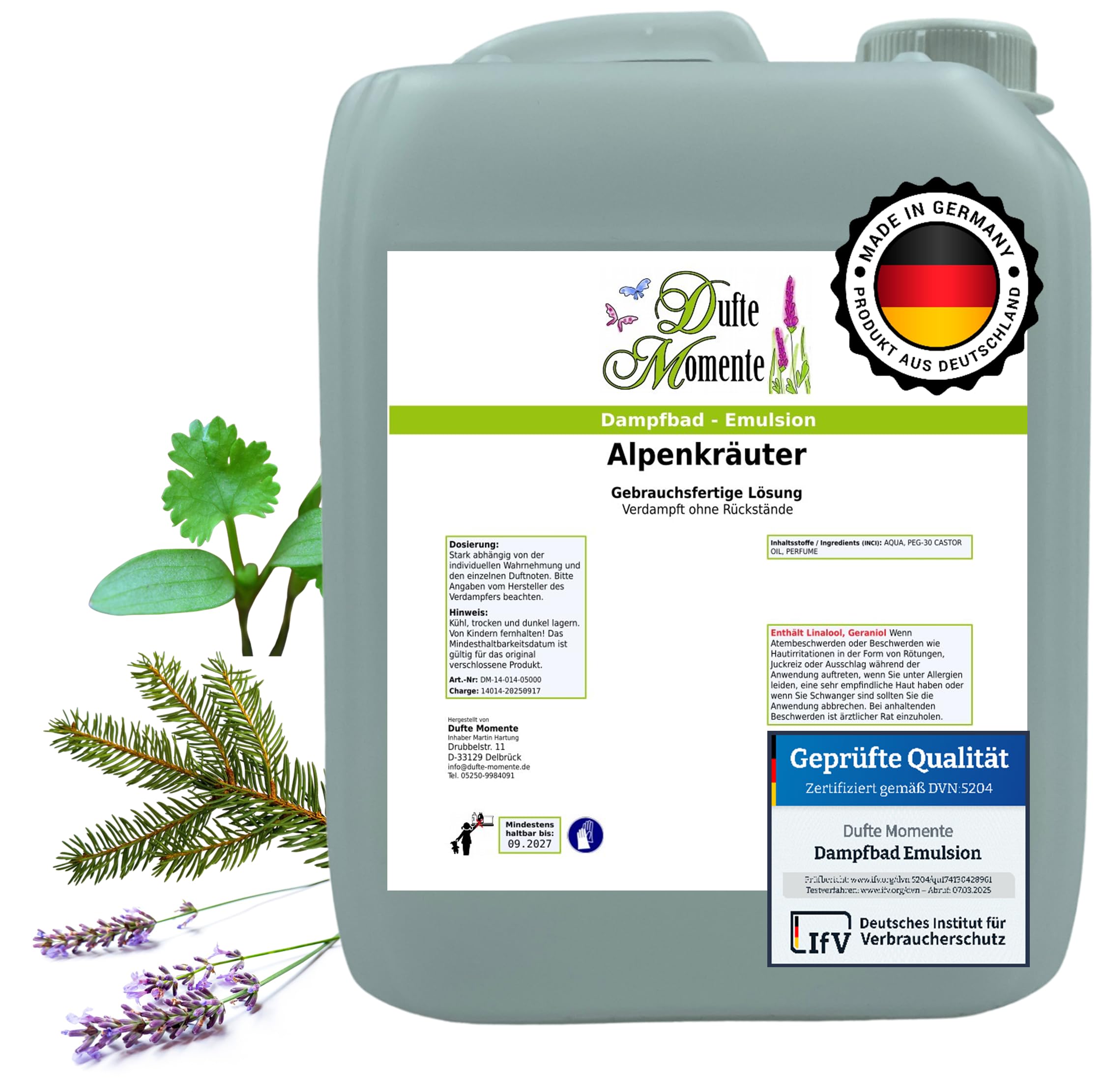 Dufte Momente Dampfbad-Emulsion 5 Liter Alpenkräuter | Gebrauchsfertig | Hochwertige Formel | Für gewerbliche Dampfbäder, Thermen & Spas