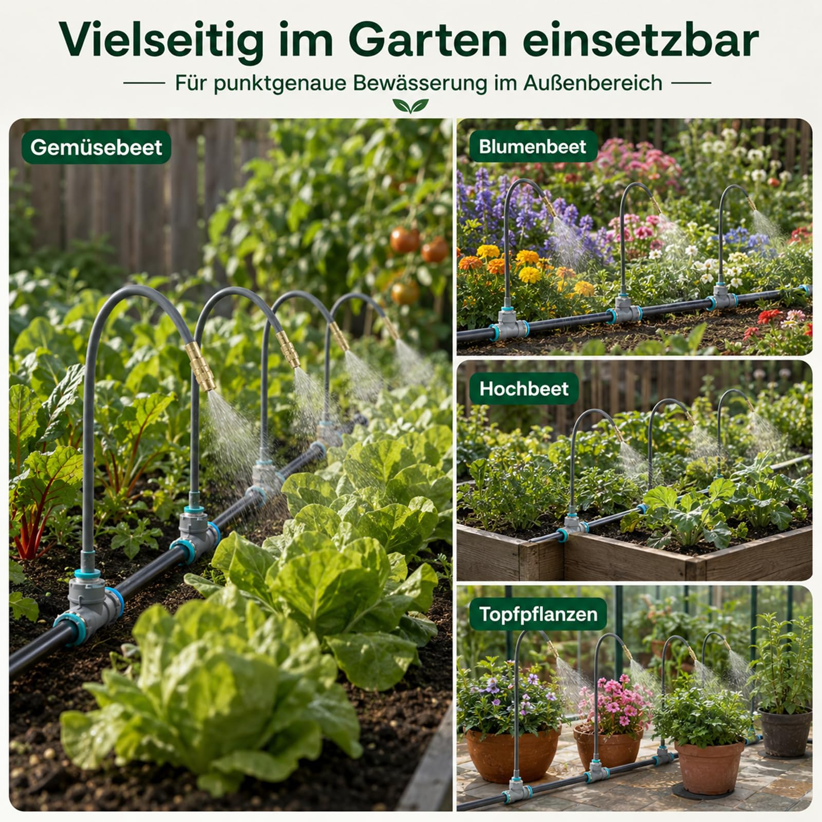 60 m Bewässerungssystem Garten, 32 verstellbare 360° Kupferdüsen, Tropfbewässerungsset mit Schnellanschluss, Sprüh- & Tropffunktion, für Balkon, Gewächshaus, Hochbeet & Rasen