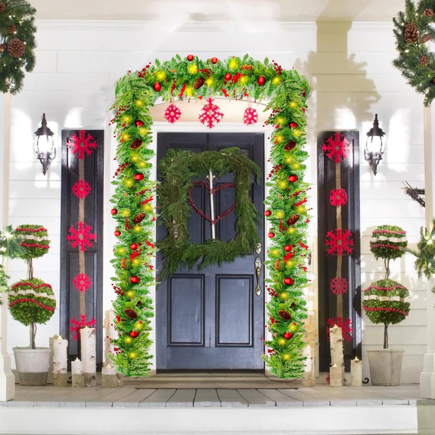 9 FT LED Christmas Garland with Pinecones Red Berries Bows Christmas Balls Candies, Multi-Function Christmas Garland with 50 Warm White LED Lights, 310 Branch Tips for Indoor Outdoor - Image 4