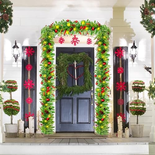 Miniatura 4 de Guirnalda de Navidad LED de 9 pies con piñas, lazos de bayas rojas, bolas de Navidad, guirnalda de Navidad multifunción con 50 luces LED blancas