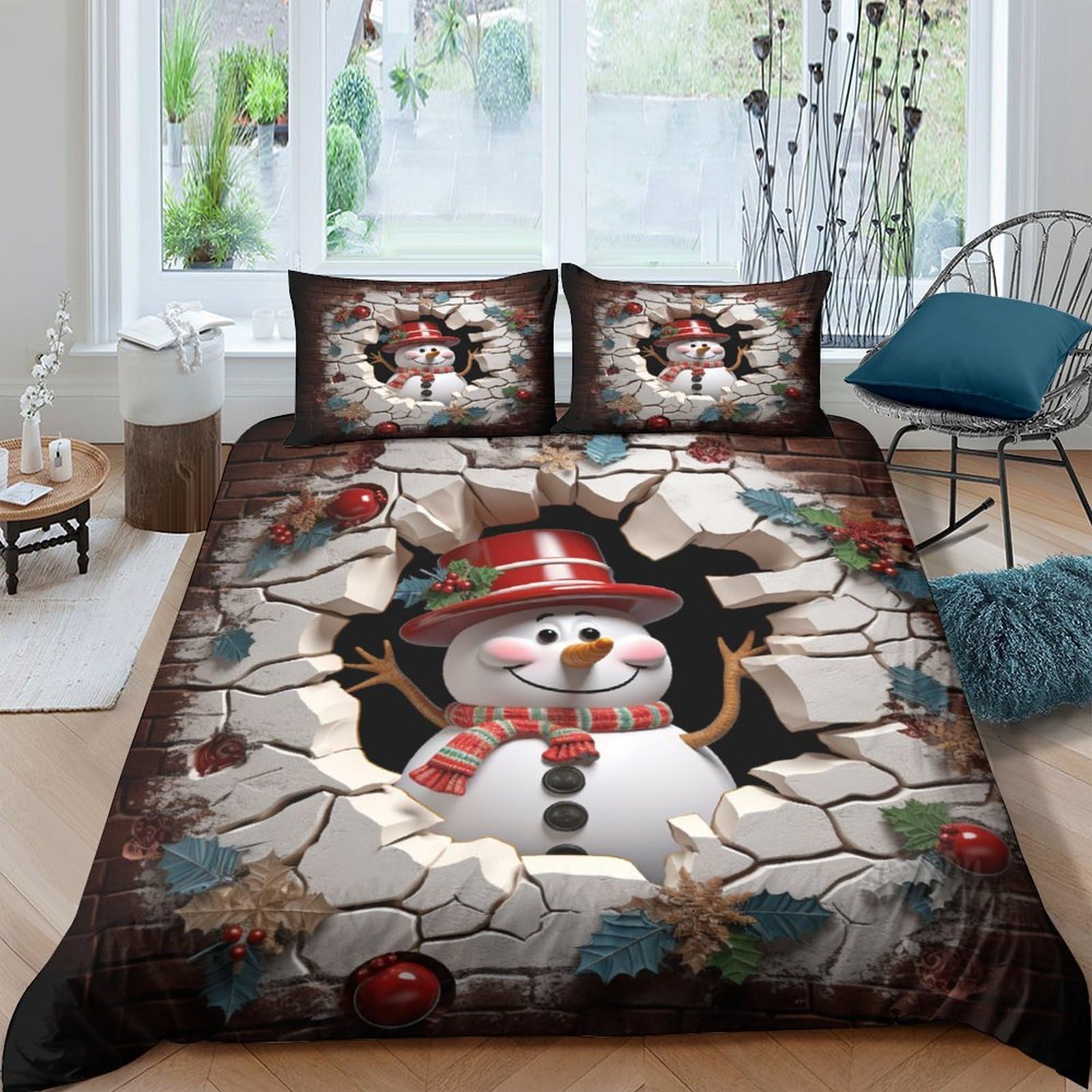 Parure de lit 140x200 bonhomme de neige imprimé 3D avec housse de couette 3 pièces