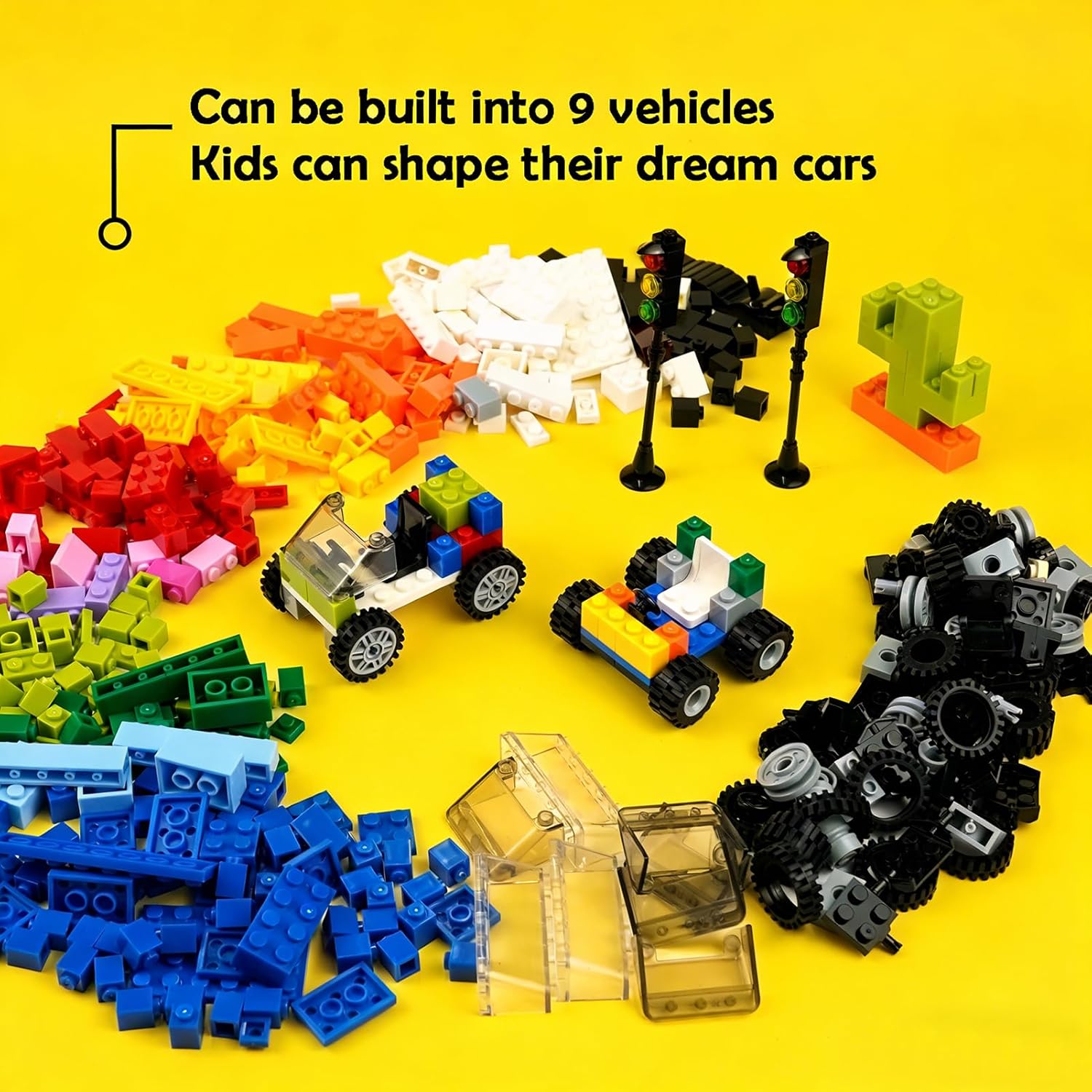 BroTex Wheels and Axles Sets with Steering Wheels& &Windshield&Traffic Light, Over 400pcs Classic Bricks Pieces and Car Parts Kits, Basic Bulk Building Blocks Vehicles with Tires