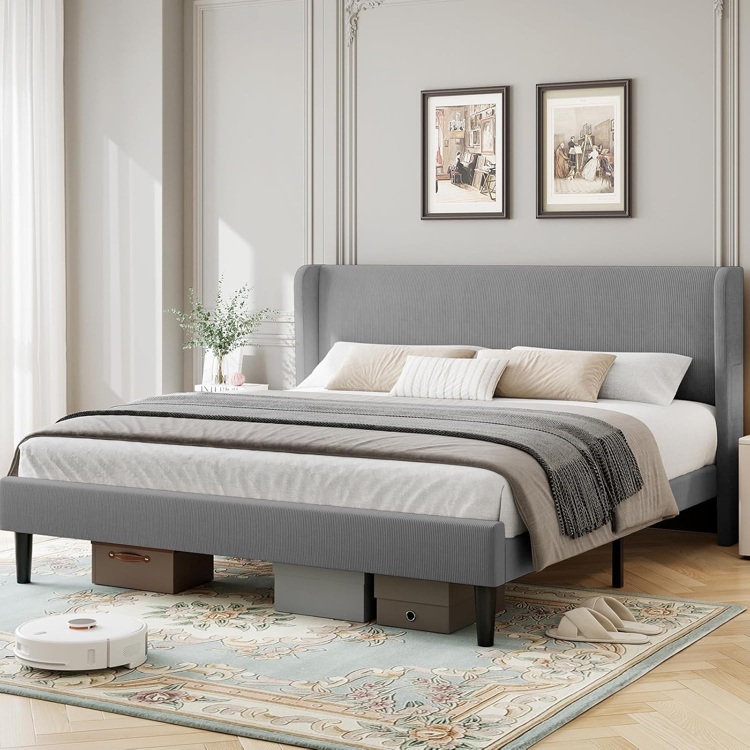 Full Size Bed Frame with Upholstered Headboard,Wooden Platform Bed Frame with 2 Storage Pockets,Vertical Channel Tufted Wingback,Strong Wooden Slats,No Box Spring Needed,Noise-Free,Light Gray