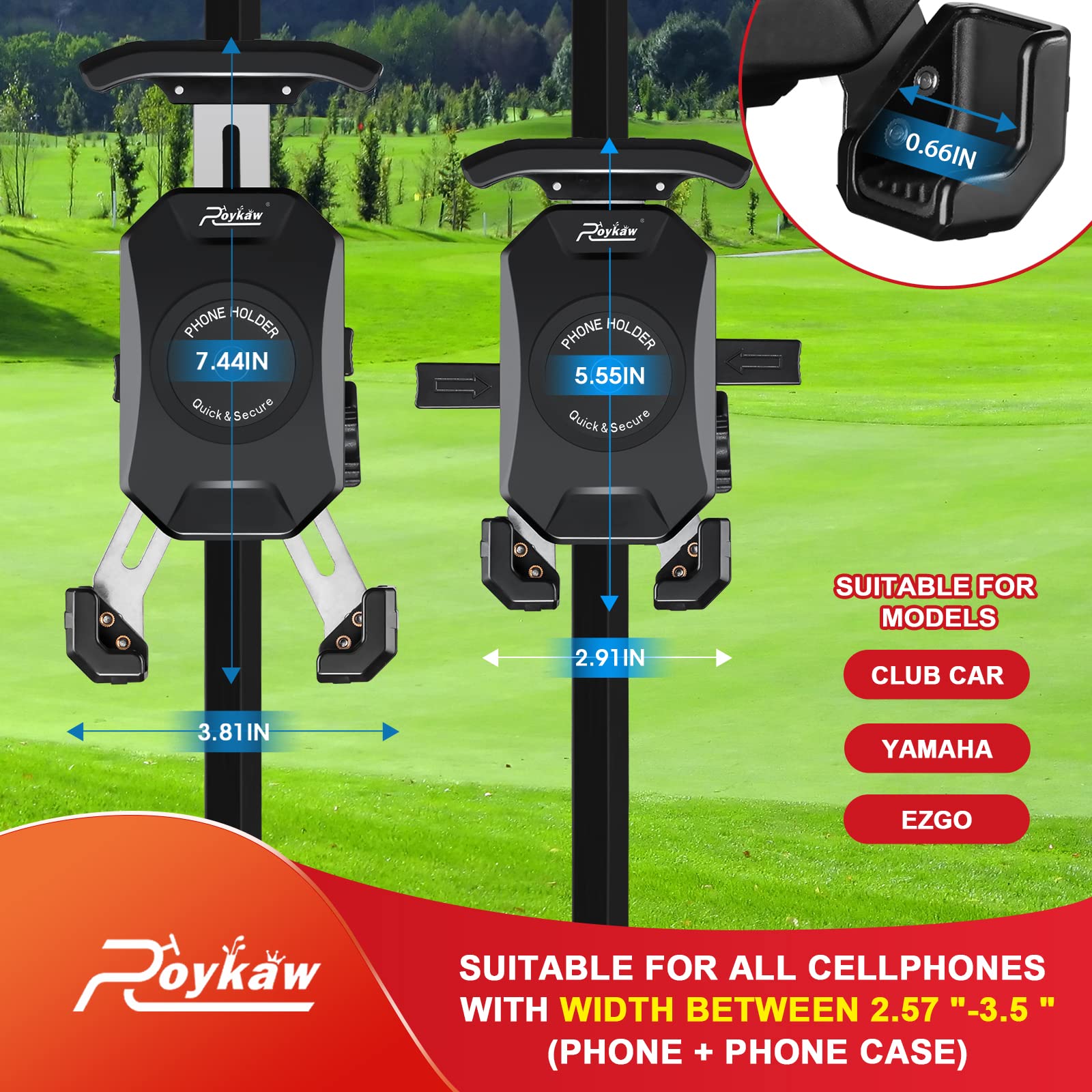 Roykaw Golf Cart Phone Mount Holder for EZGO/Club Car/Yamaha, Upgrade Quick Release & One-Touch Lock, Compatible with iPhone/Galaxy/Google Pixel/Motorola/All 4.7"-6.8" Devices