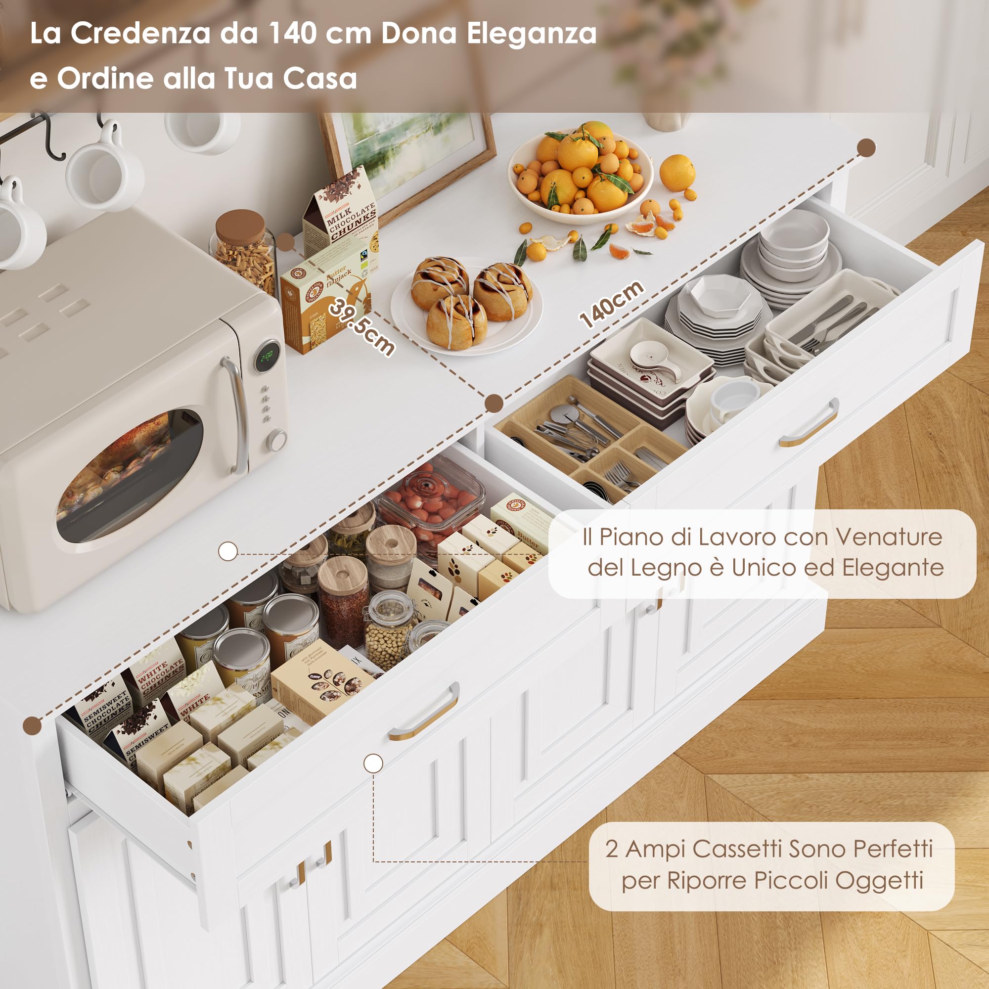 FirFurd 140CM Credenza Cucina,Mobile Cucina con 2 Cassetti e 4 Ante, Madia Soggiorno Moderna con Ripiani Regolabili e Rimovibile, per Cucina, Sala da Pranzo, Soggiorno, 140x39.5x92.2cm Bianco