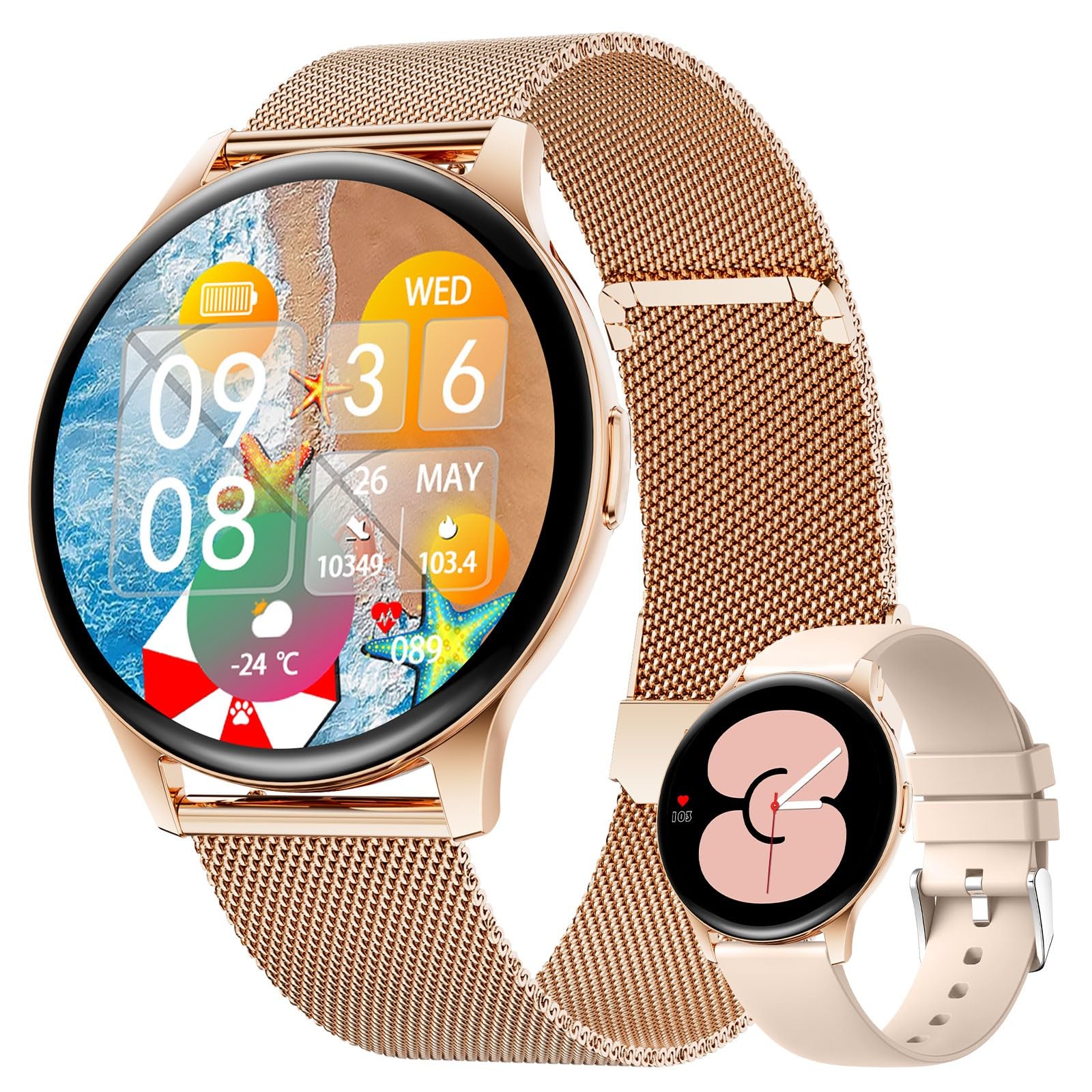 FITFLEX Reloj Inteligente Mujer, Pantalla 1.43" HD Smartwatch, Llamada Bluetooth, 120+Deportivos, Monitor 24/7 Ritmo/Sueño/Calorías, Tracker Fitness, IP68 Smart Watch, iOS Android, Oro Rosa