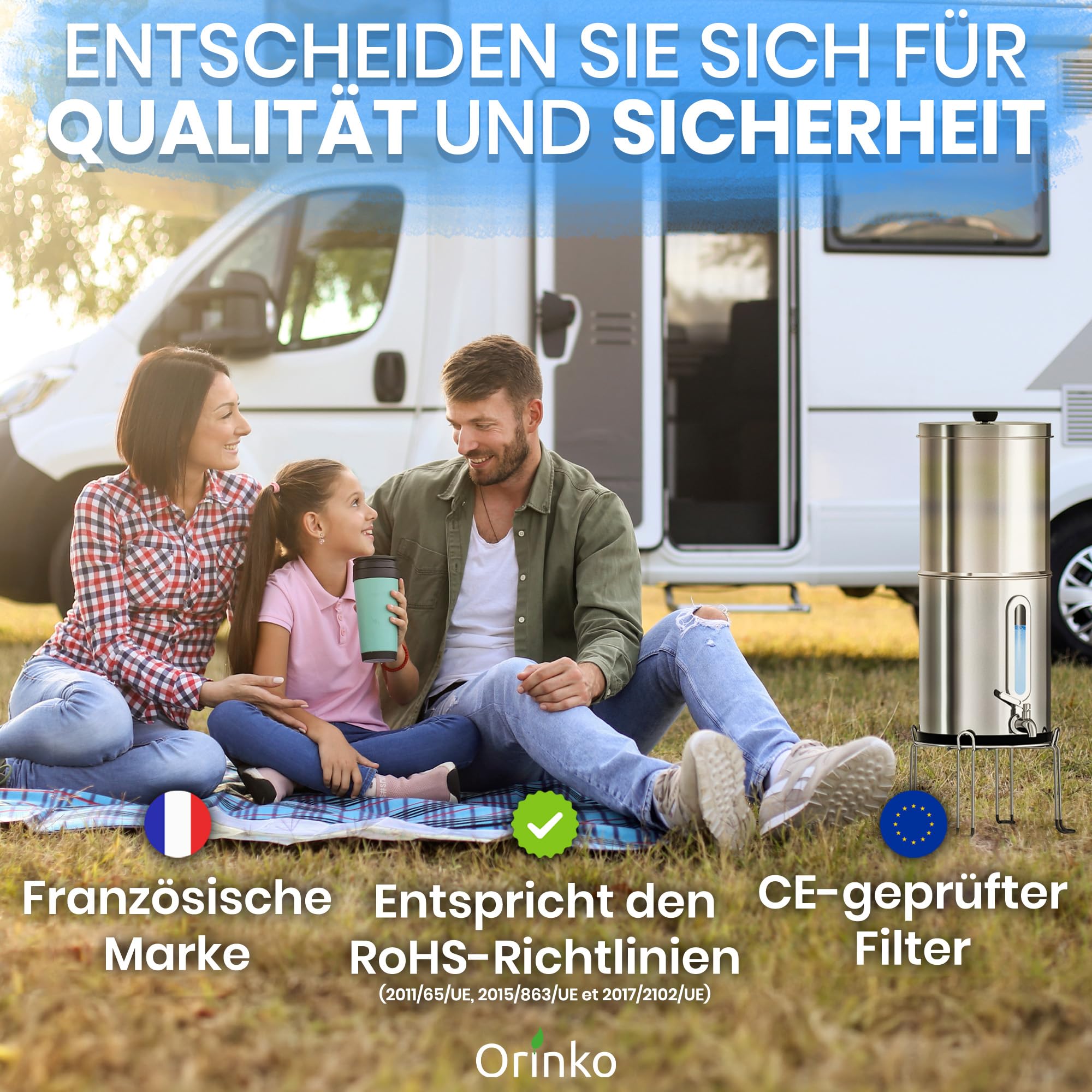 ORINKO Schwerkraft Wasserfilter – Wasserreiniger mit Aktivkohle – Filterbrunnen für Leitungswasser, Regenwasser & Outdoor-Nutzung