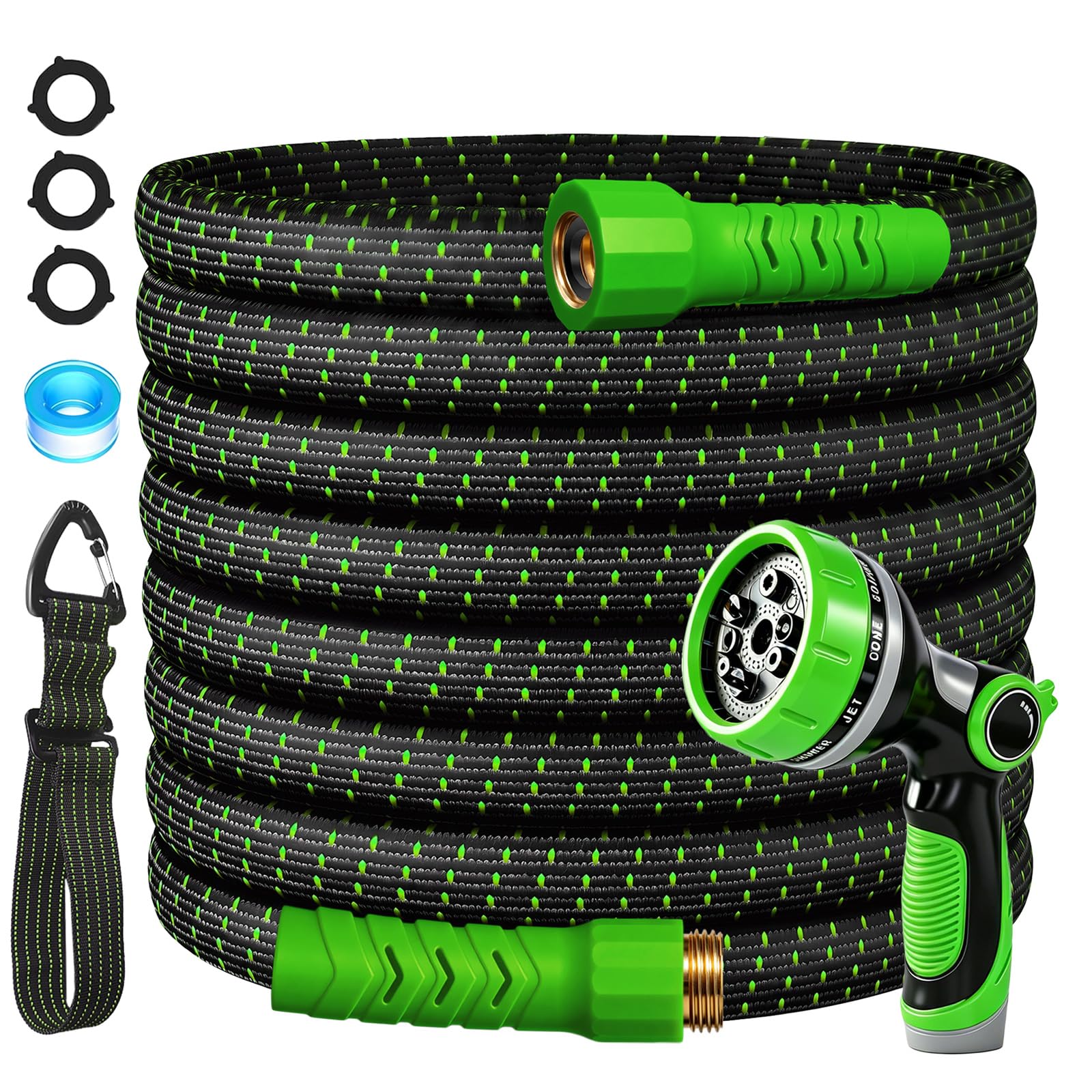 100FT Flexible Garden Hose &amp; 10Modes Nozzle,Lightweight Water Hose,Kink-Free,All-Weather 3/4 in. Hose for RV,Boat,Car Wash,Garden,Yard,Camper,Outdoor NoneExpand (Green-Black,100 Ft)
