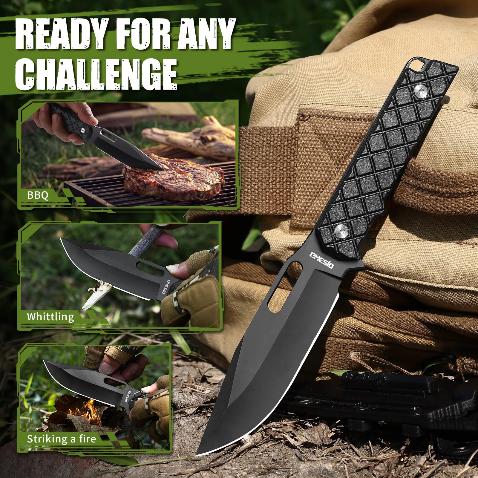 Omesio L-PJ21 Cuchillo de Supervivencia Full Tang con Funda Kydex, Acero 5CR13MOV, Pedernal y Paracord, Cuchillo Bushcraft Fijo para Camping, Senderismo, Caza y Outdoor