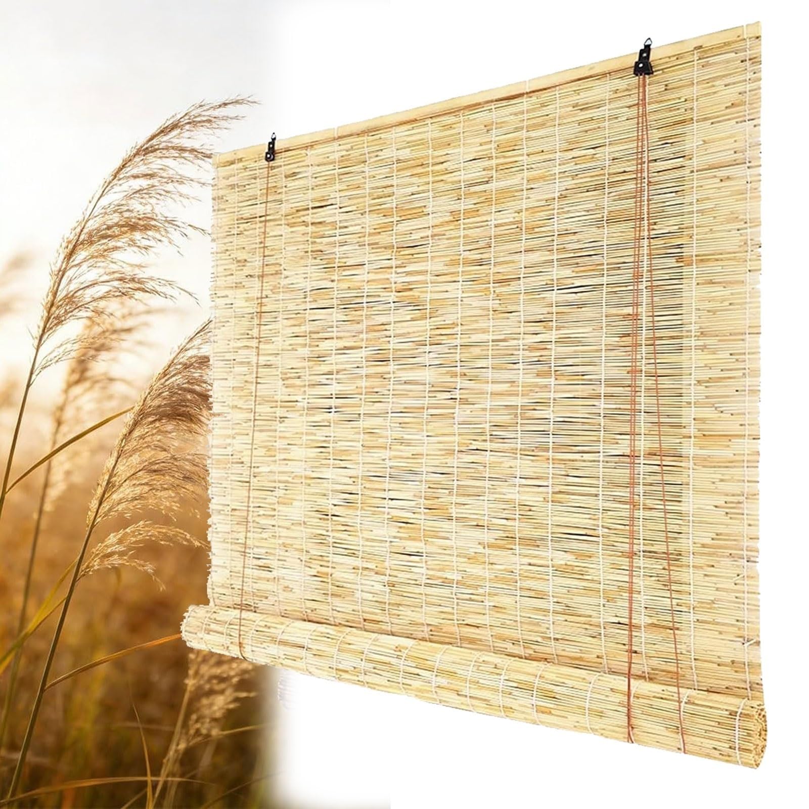 Bamboo Roll up Blinds, Natural Reed Roller Shades, Dark/Light Cordless Blackout Custom Sizes Handwoven for Porch, Patio, Yard, Windows(Light)