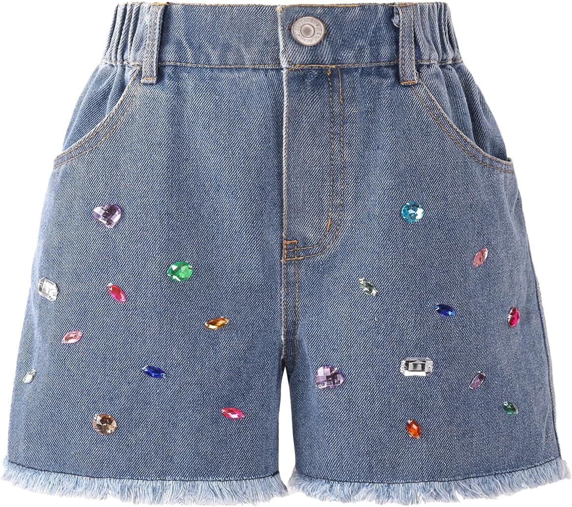 WELAKEN Girl Jean Shorts Rhinestone Ripped Raw Trim Straight Leg High Waist Denim Shorts
