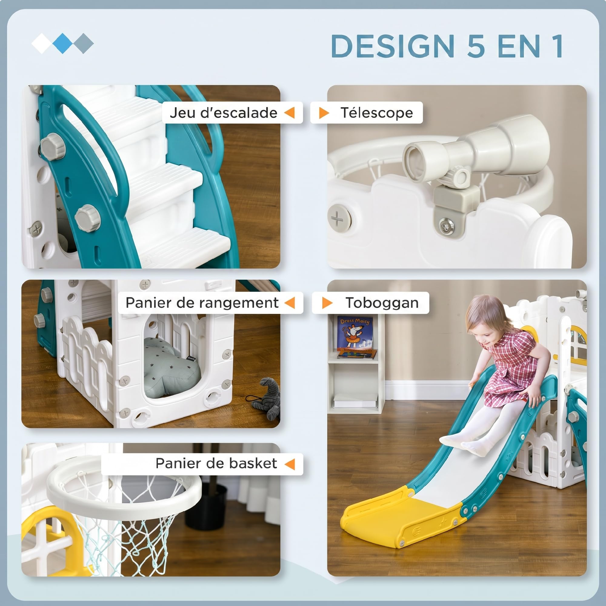AIYAPLAY Toboggan pour Enfant 5 en 1 avec Panier de Basket Télescope Jaune | Espace de Rangement, Ballon, Escalade Antidérapante, Aire de Jeux Intérieur et Extérieur, pour Garçons et Filles 1-3 Ans