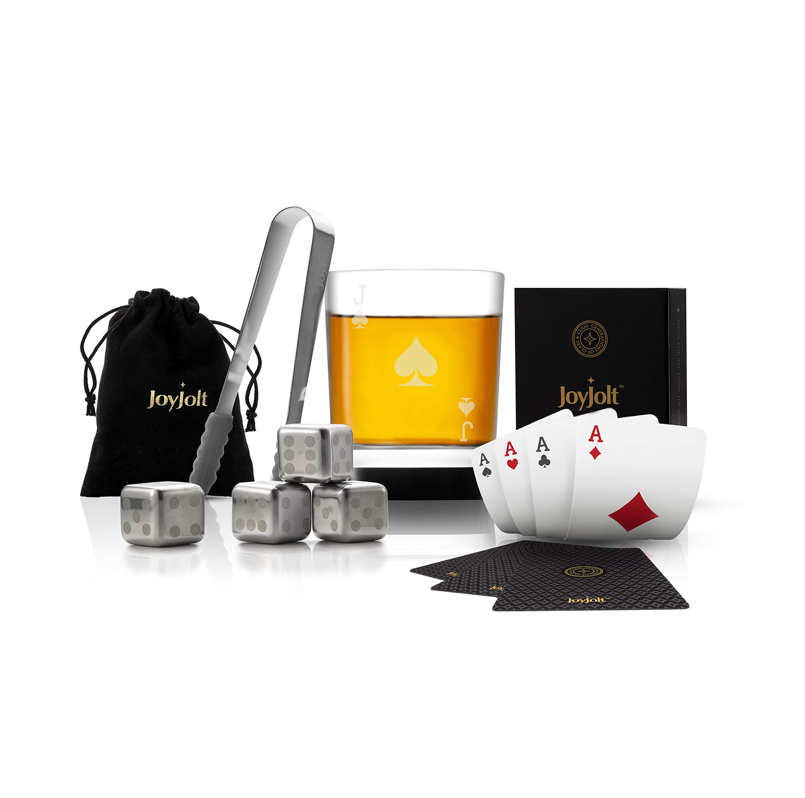 Amazon.com: JoyJolt Poker Whiskey Glass Set - Jack of Spades Semi Square  Rocks Glass Tumbler, 4x Dice Whiskey Stones, Dice Bag, Playing Cards Deck,  Mini Tongs for Reusable Ice Cubes. Cool Whiskey