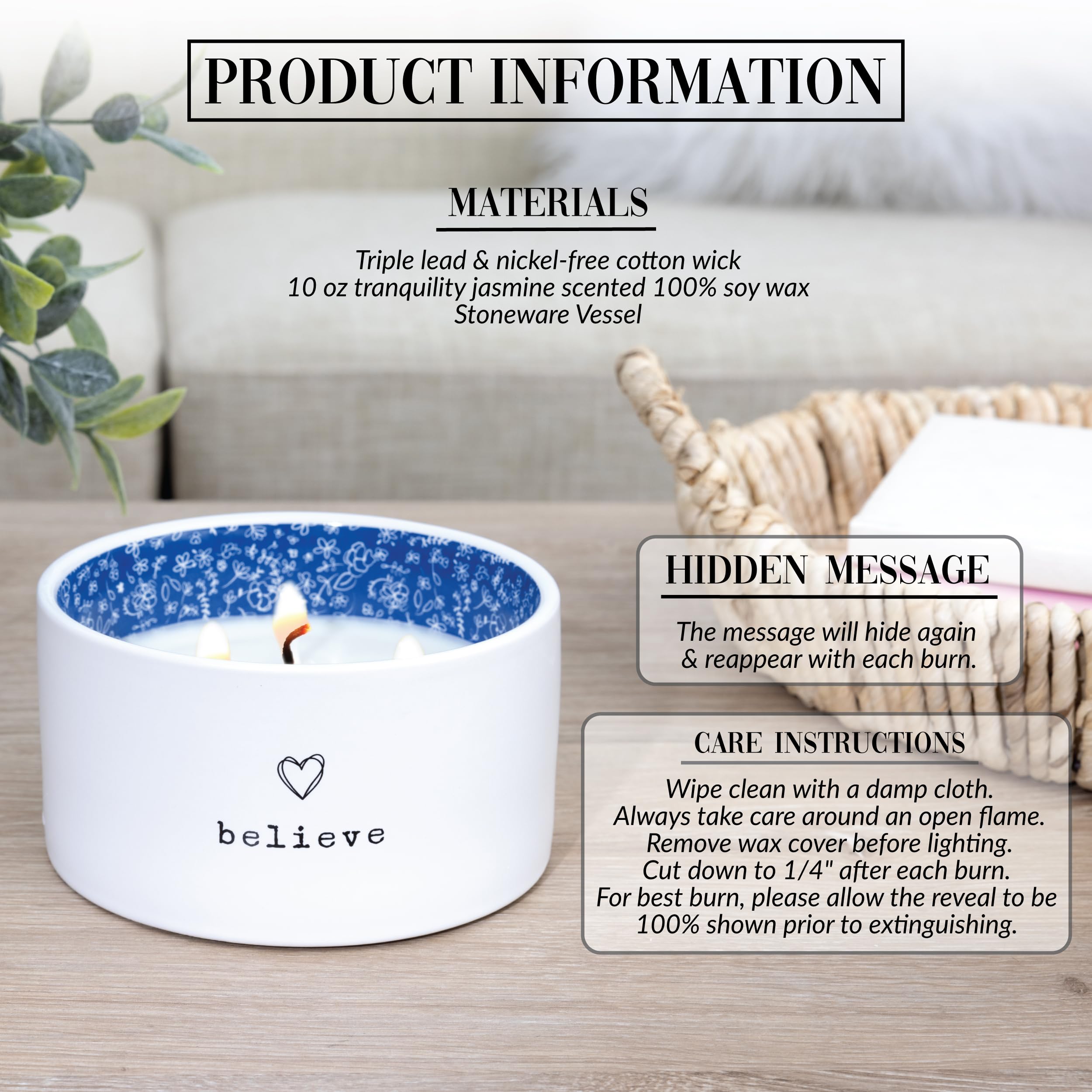 Pavilion Gift Company - Believe - Vela de cera de soja natural con mensaje oculto sorpresa de 10 onzas con aroma a jazmín, 1 unidad (paquete de 1), 5 x 2.7 pulgadas