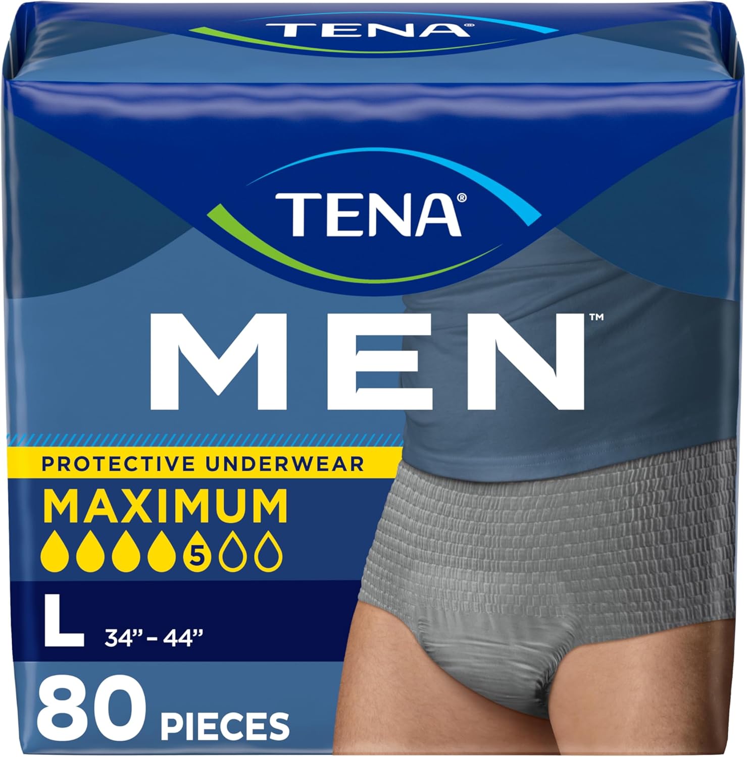 TENA Protective Incontinence Underwear for Men, Maximum Absorbency, Disposable Men's Underwear, Large, Grey, 80 Count Large 80
