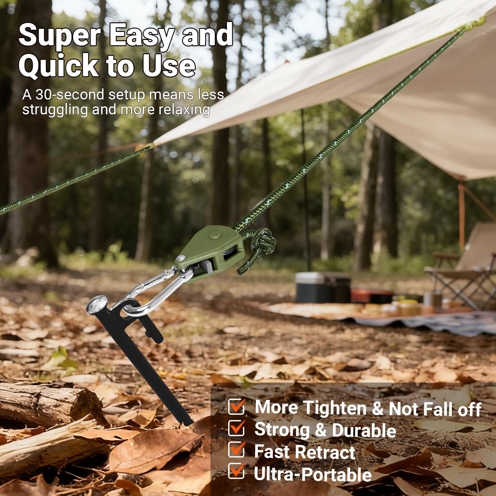 ZZ-TMS Camping-Seil, Spannseile mit Ratschensystem, 6 Stück, Armeegrün, 4 mm x 4 m, 6 Stück