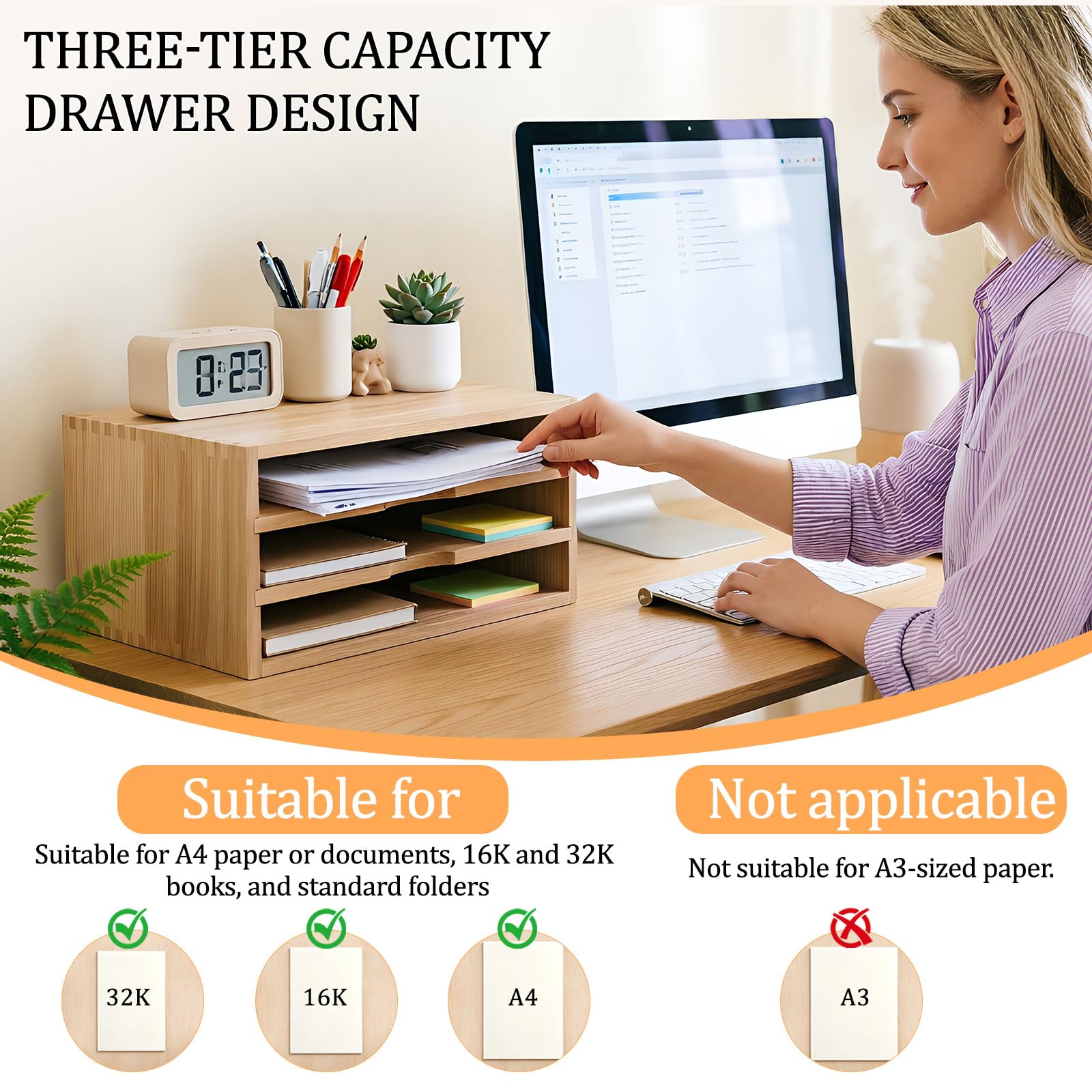 1 PCS Ablage Schreibtisch holz 35×24×18CM, Papierablage Schreibtisch, Dokumentenablage A4 3 Fächer Holz, Desktop Organizer Aktenordner, Schreibtischablage A4, Natürliche Holzfarbe