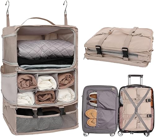 TABITORA Estantes colgantes portátiles de viaje, organizador de armario, almacenamiento de equipaje con compartimento invisible multifuncional y