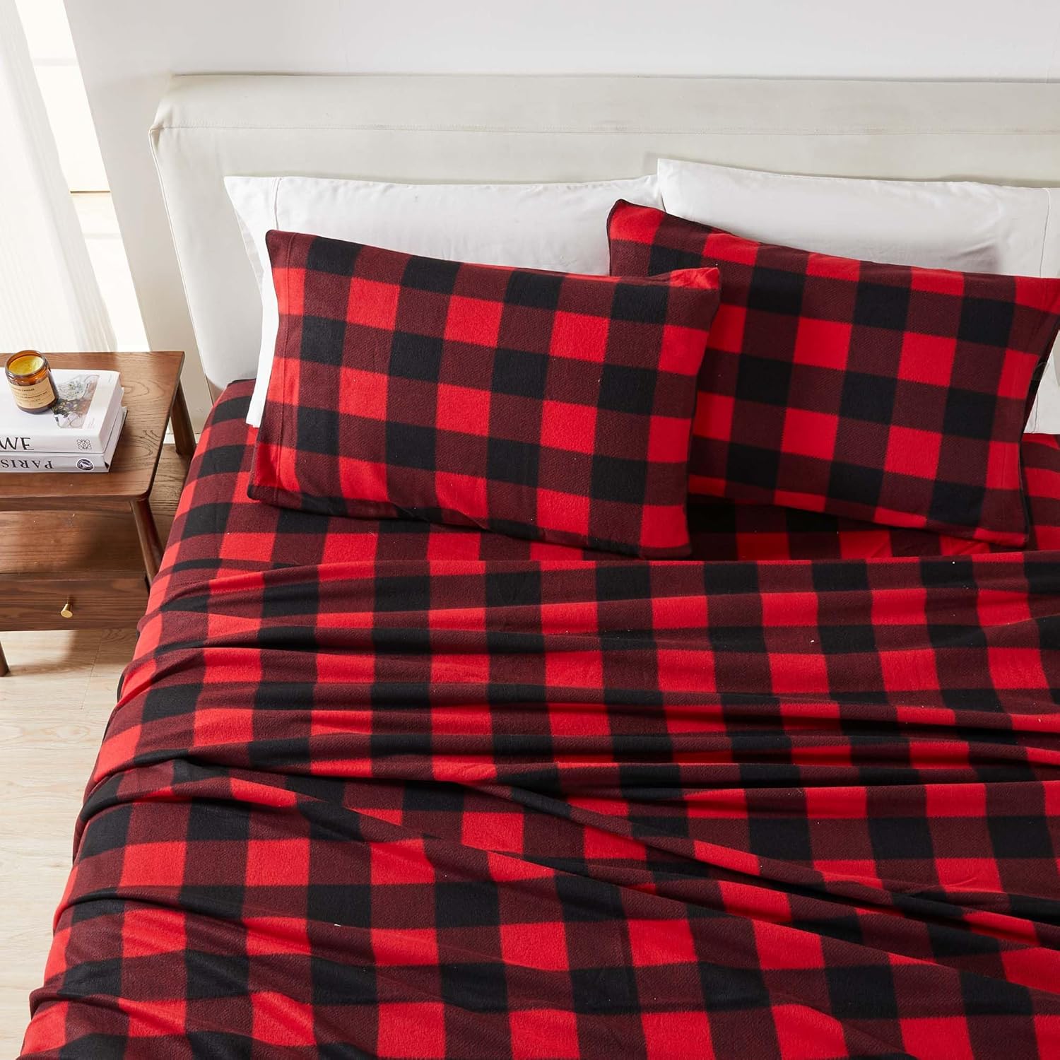 Great Bay Home 4 Piece Micro Fleece Queen Red/Black Plaid Sheet Set | Super Soft, Cozy Extra Plush Polar Fleece Bedding Sheets & Pillowcases | Microfleece Winter Sheets (Queen, Red/Black)